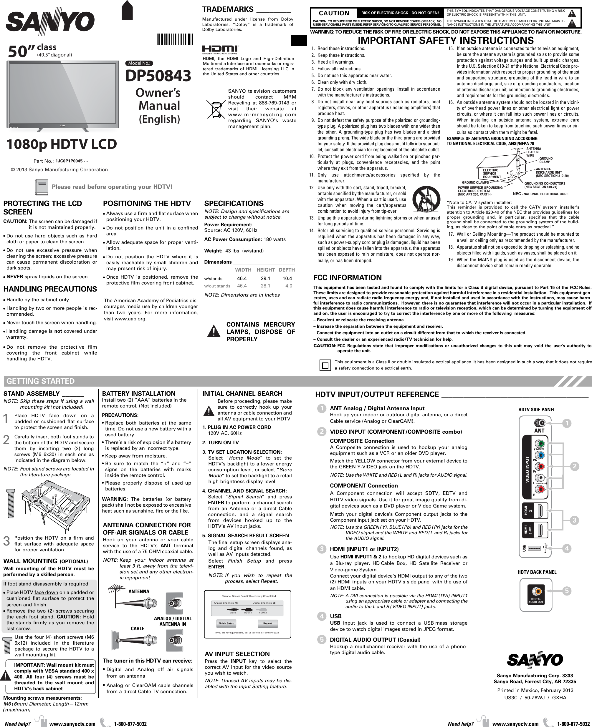 Page 1 of 2 - Sanyo Sanyo-Dp50843-Owner-S-Manual Folded OM-0045--_Z6WJ (E)