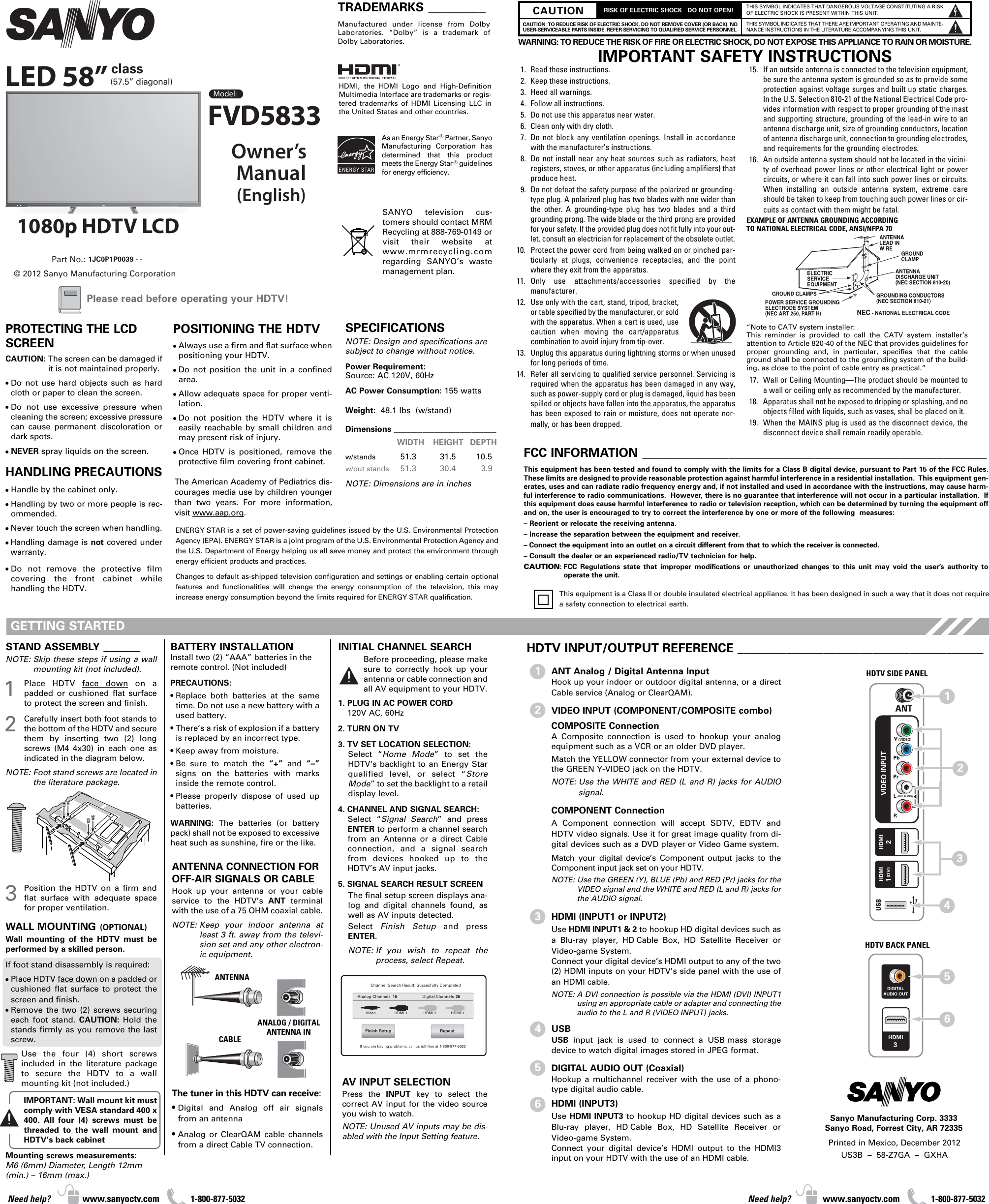 Page 1 of 2 - Sanyo Sanyo-Fvd5833-Owner-S-Manual Folded OM-0039--_Z7GA (E)