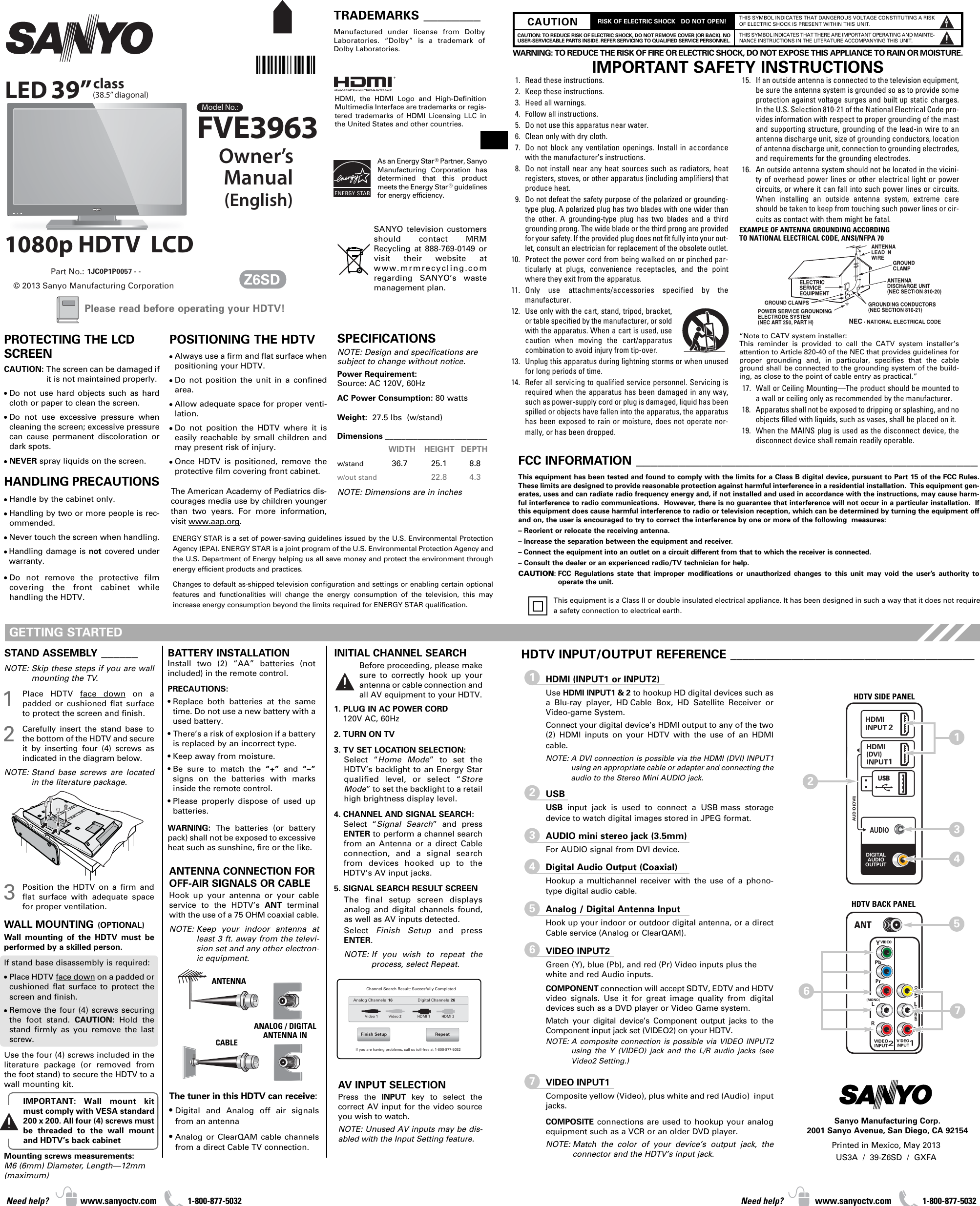 Page 1 of 2 - Sanyo Sanyo-Fve3963-Owner-S-Manual Folded OM-0057--_Z6SD (E)