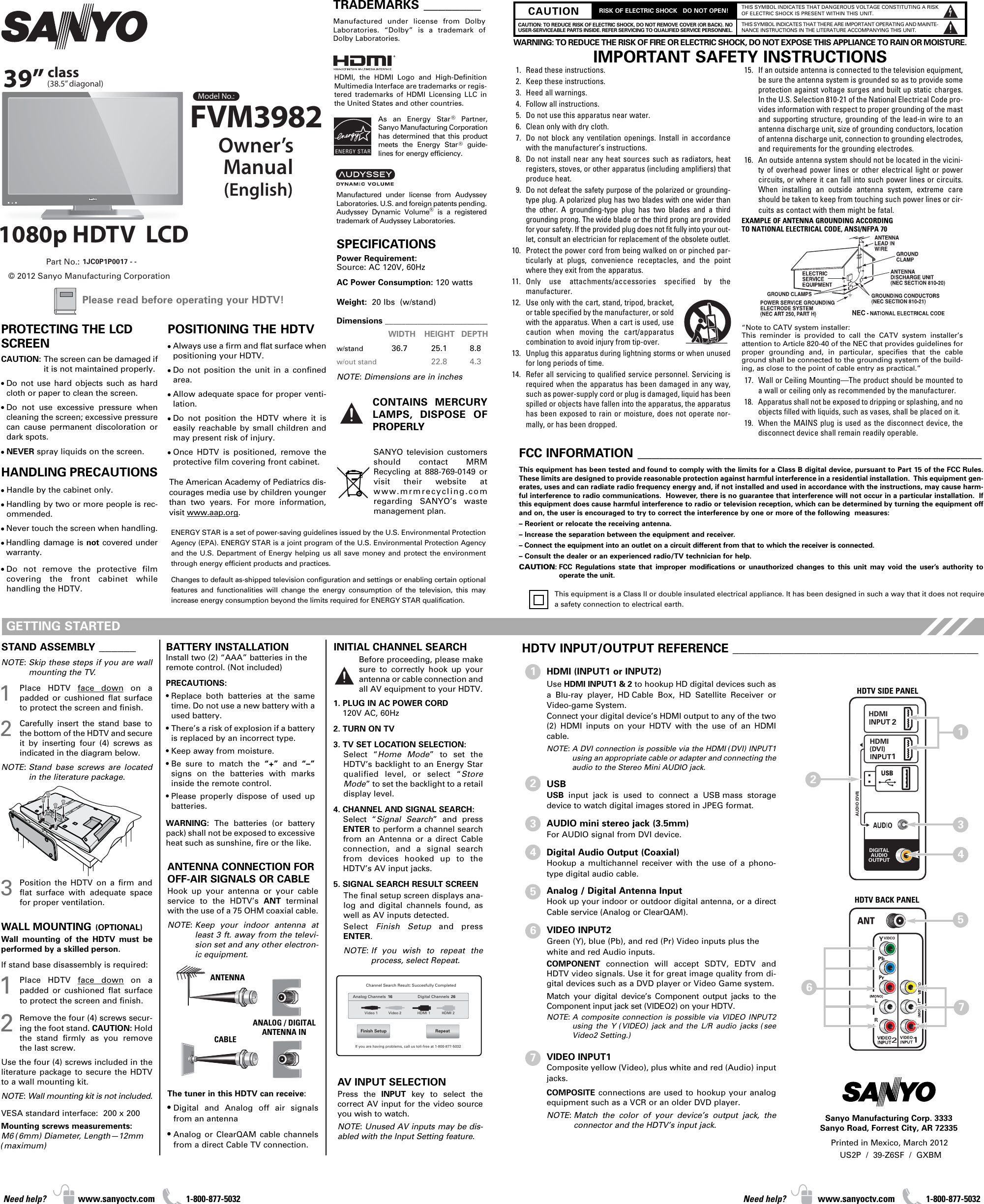 Page 1 of 2 - Sanyo Sanyo-Fvm3982-Owner-S-Manual Folded OM-0017--39_Z6SF (E)