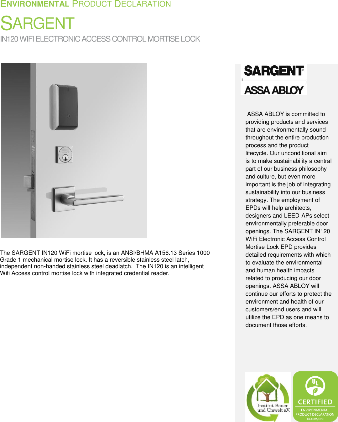 Page 1 of 10 - Sargent  IN120 WIFI Electronic Access Control Mortise Lock - Environment Product Declaration (EPD) 135.1 ASSA ABLOY Mr EPD IN120Wifi Ecoflex