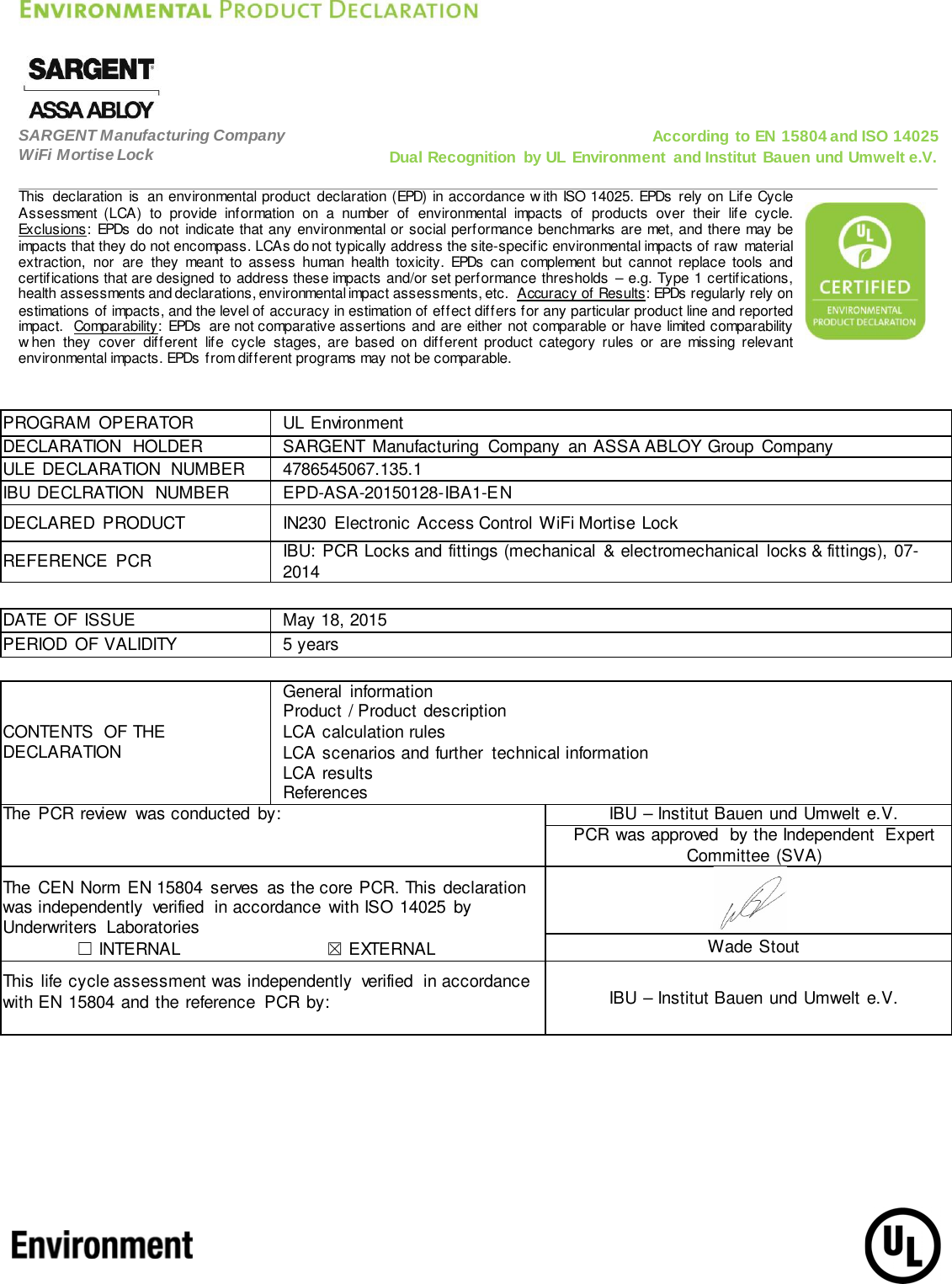 Page 2 of 10 - Sargent  IN120 WIFI Electronic Access Control Mortise Lock - Environment Product Declaration (EPD) 135.1 ASSA ABLOY Mr EPD IN120Wifi Ecoflex