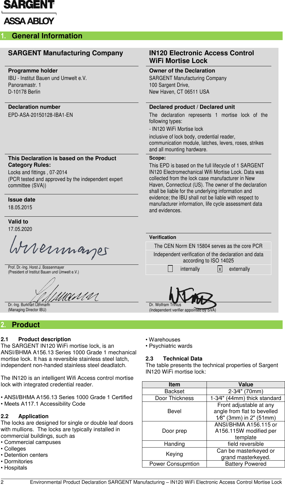 Page 3 of 10 - Sargent  IN120 WIFI Electronic Access Control Mortise Lock - Environment Product Declaration (EPD) 135.1 ASSA ABLOY Mr EPD IN120Wifi Ecoflex