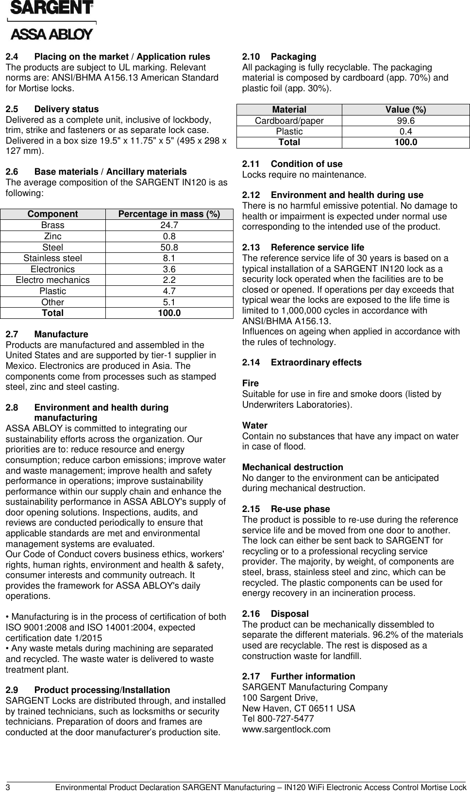 Page 4 of 10 - Sargent  IN120 WIFI Electronic Access Control Mortise Lock - Environment Product Declaration (EPD) 135.1 ASSA ABLOY Mr EPD IN120Wifi Ecoflex