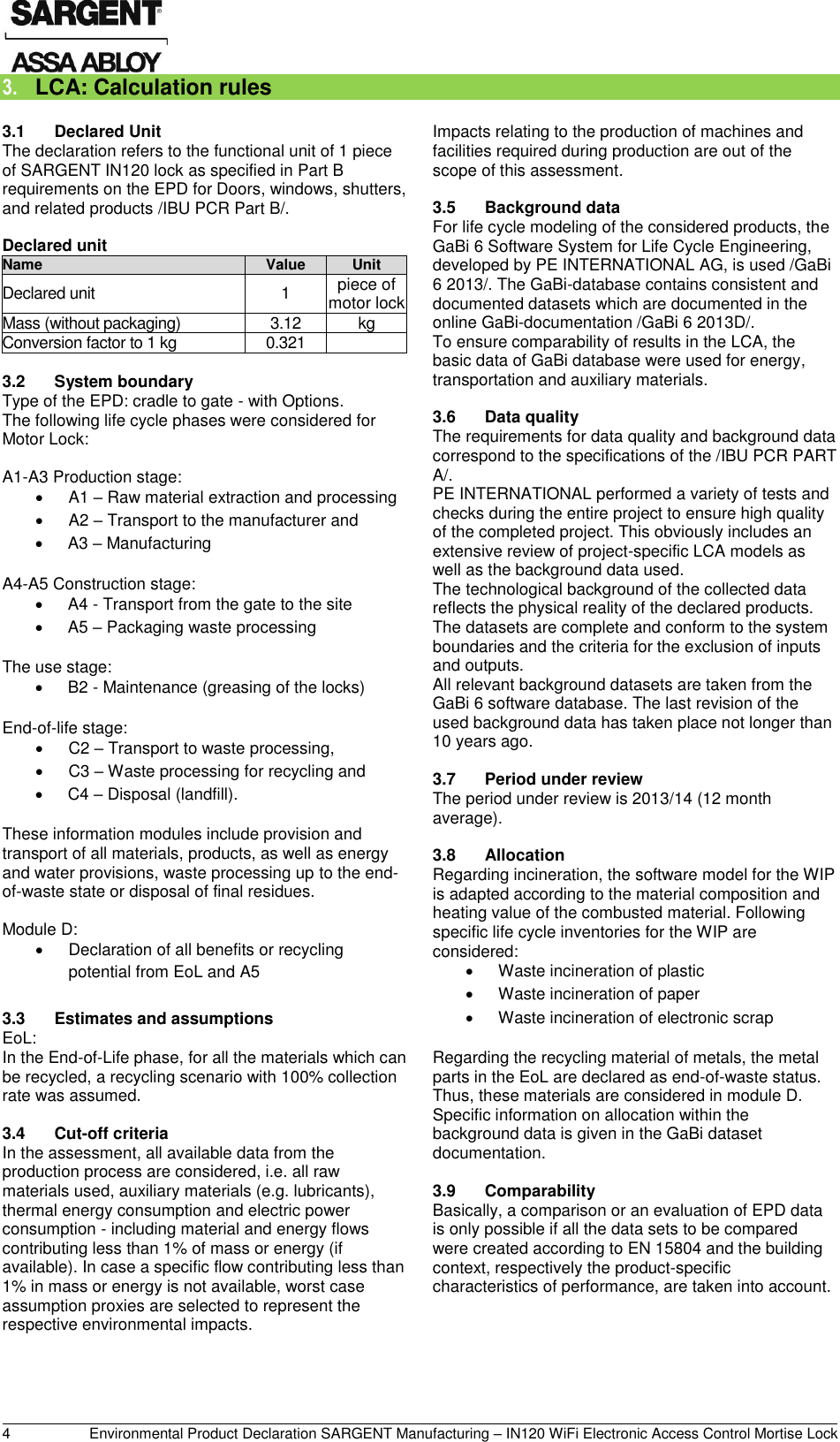 Page 5 of 10 - Sargent  IN120 WIFI Electronic Access Control Mortise Lock - Environment Product Declaration (EPD) 135.1 ASSA ABLOY Mr EPD IN120Wifi Ecoflex