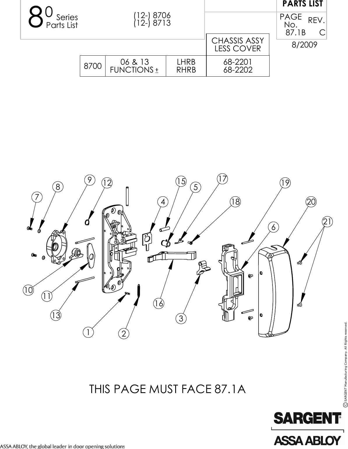 Page 2 of 2 - Sargent PARTS LIST 12-8713 8700 / 12-8700 HC8700 12-HC8700 Surface Vertical Rod Series Center Chassis Assembly (6 & 13 Func 87.1