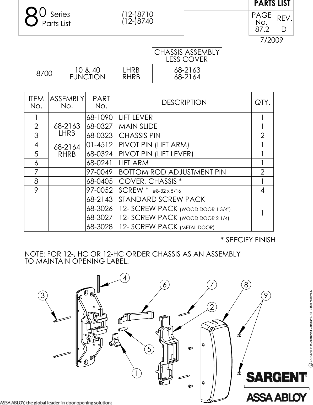 Page 1 of 1 - Sargent PART LIST 12-8700 8700 / HC8700 12-HC8700 Surface Vertical Rod Series Center Chassis Assembly (10 & 40 Fun 87.2