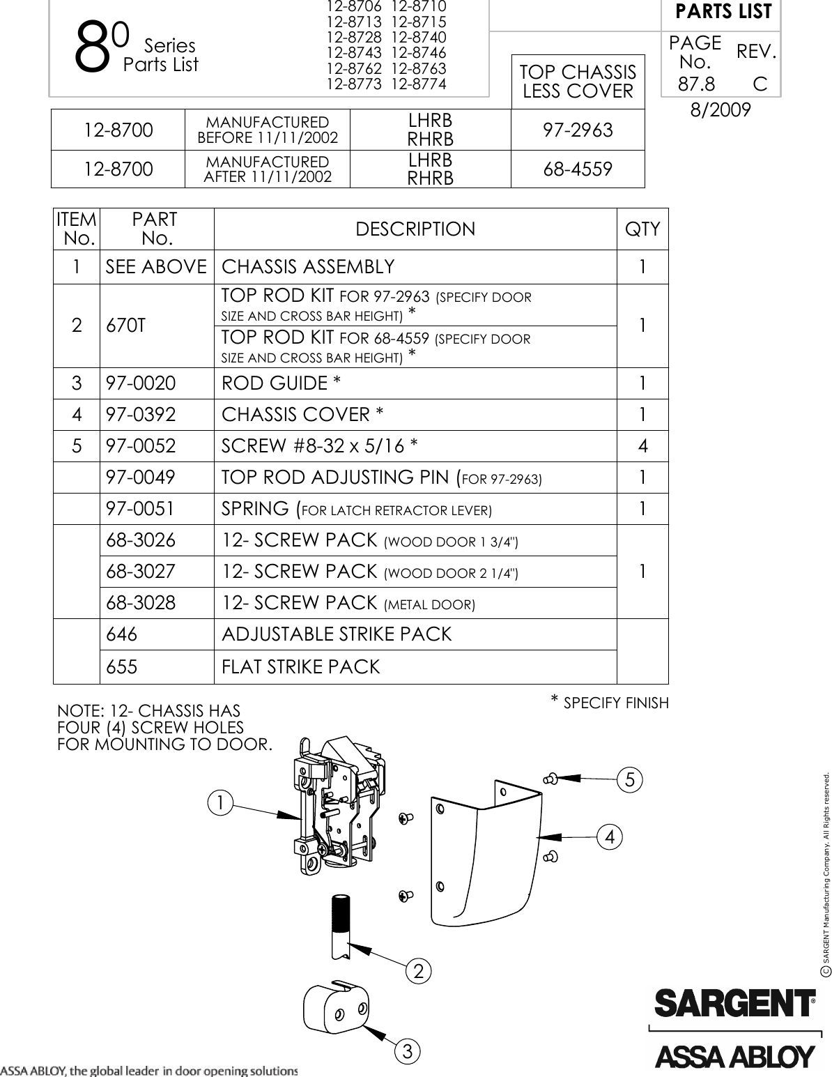Sargent PARTS LIST 12 8706 8700 Series Surface Vertical Rod Top Case