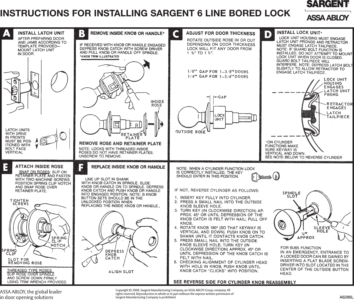 Sargent Instructions For Installing 6 Line Bored Lock/Cylinder