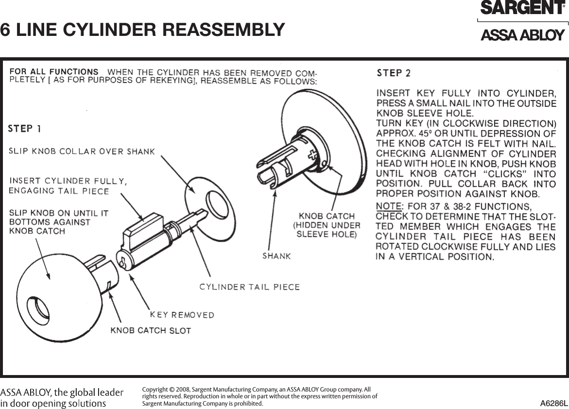 Sargent Instructions For Installing 6 Line Bored Lock/Cylinder