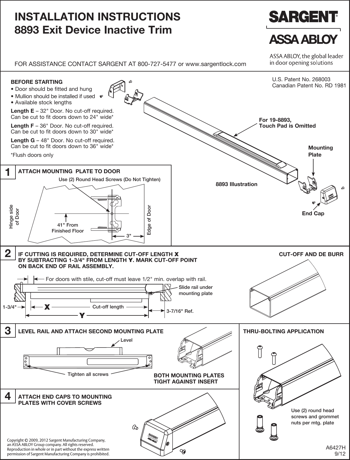 Page 1 of 1 - Sargent A6427H 8893 Exit Device Inactive Trim Installation Instructions