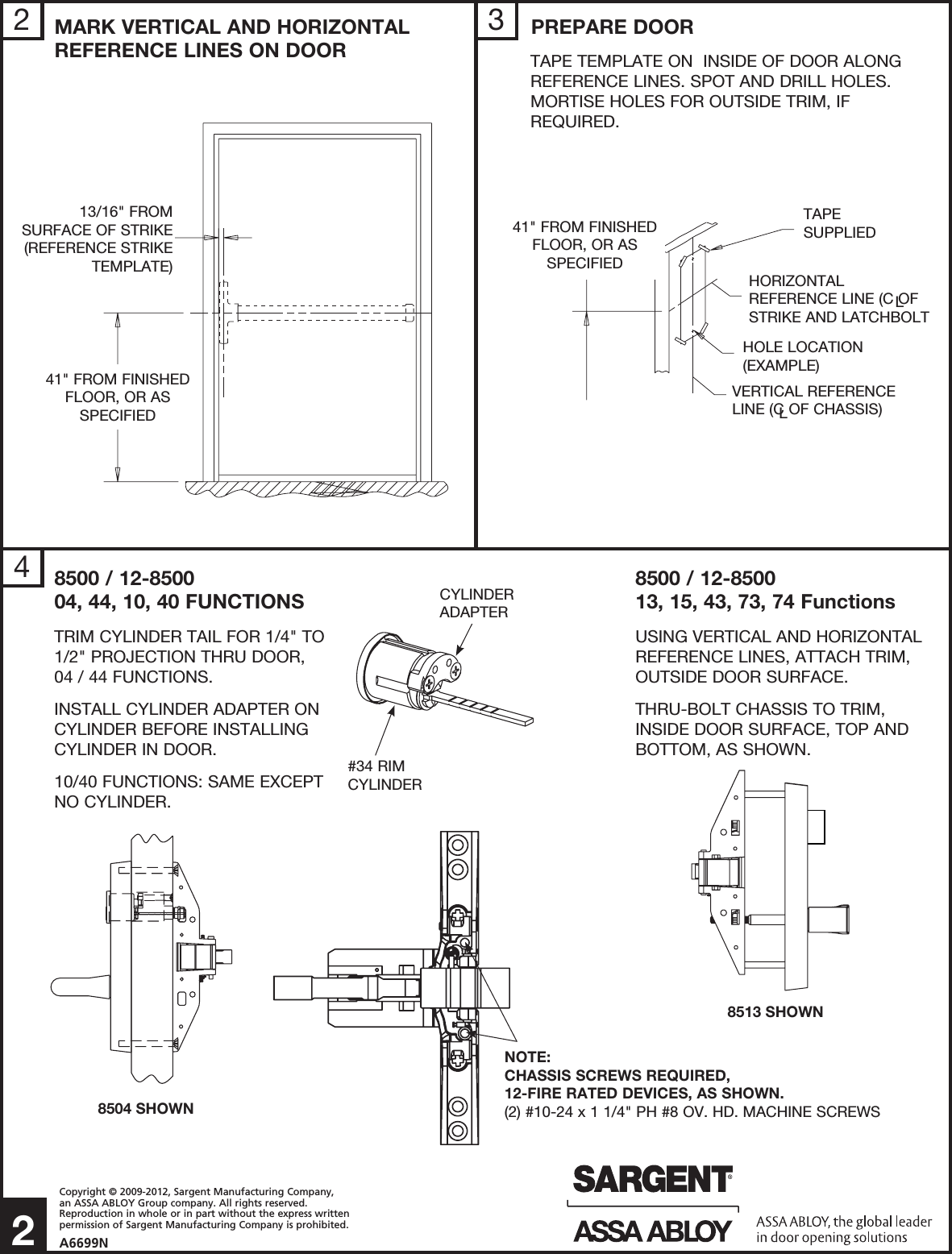 Page 2 of 4 - Sargent  8500 Series Narrow Design Rim Type Exit Device Installation Instructions A6699N