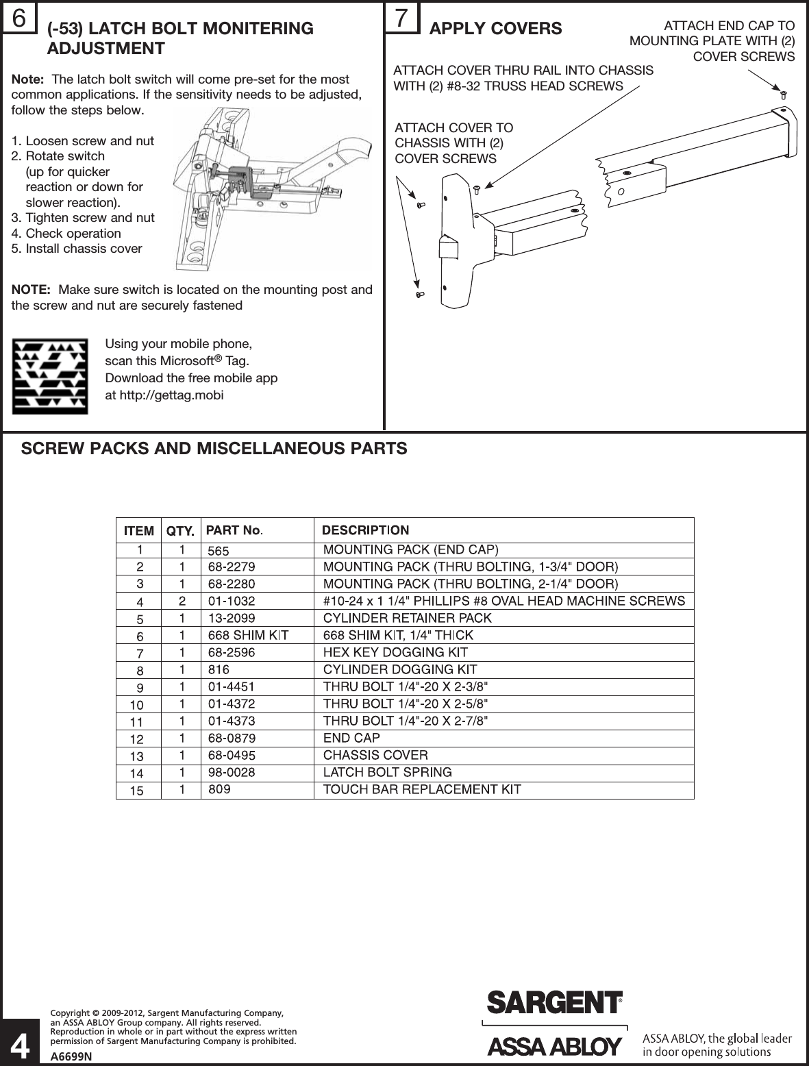 Page 4 of 4 - Sargent  8500 Series Narrow Design Rim Type Exit Device Installation Instructions A6699N