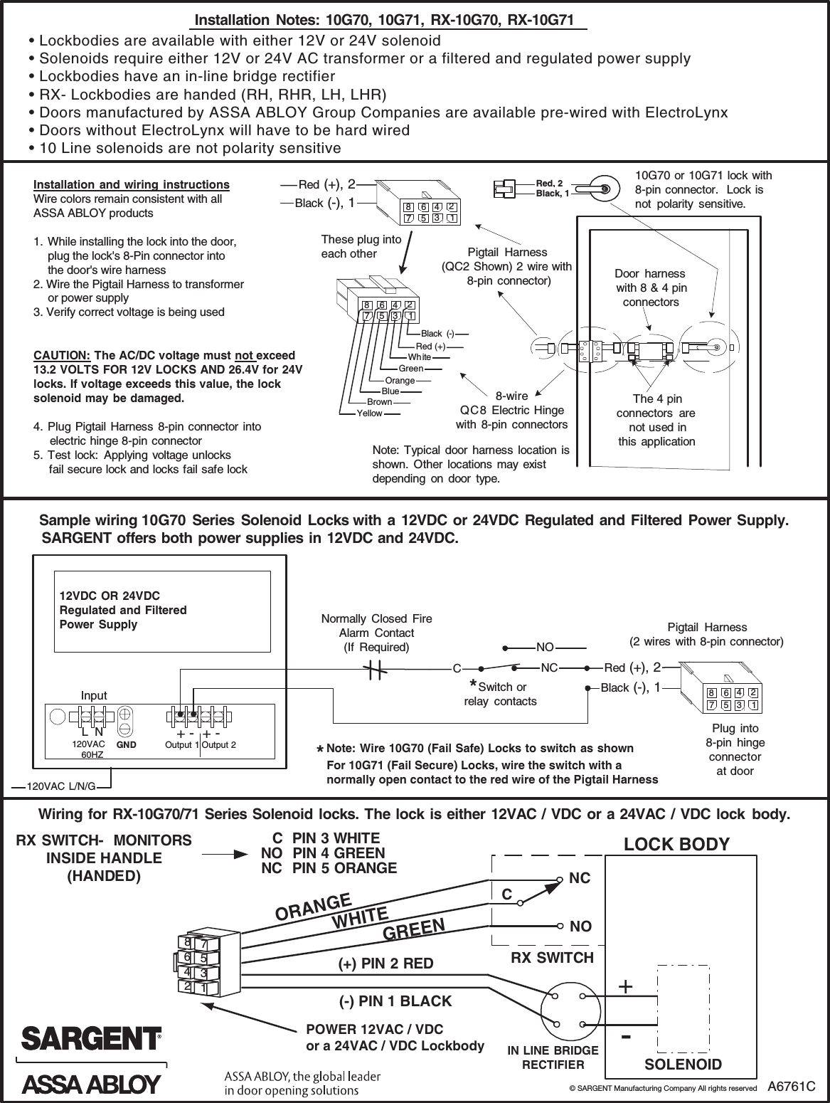Page 2 of 2 - Sargent A6761C Installation Instructions For 10G70 & 10G71 Electro-Mechanical Bored Lock 1 3/4 Door With Elect