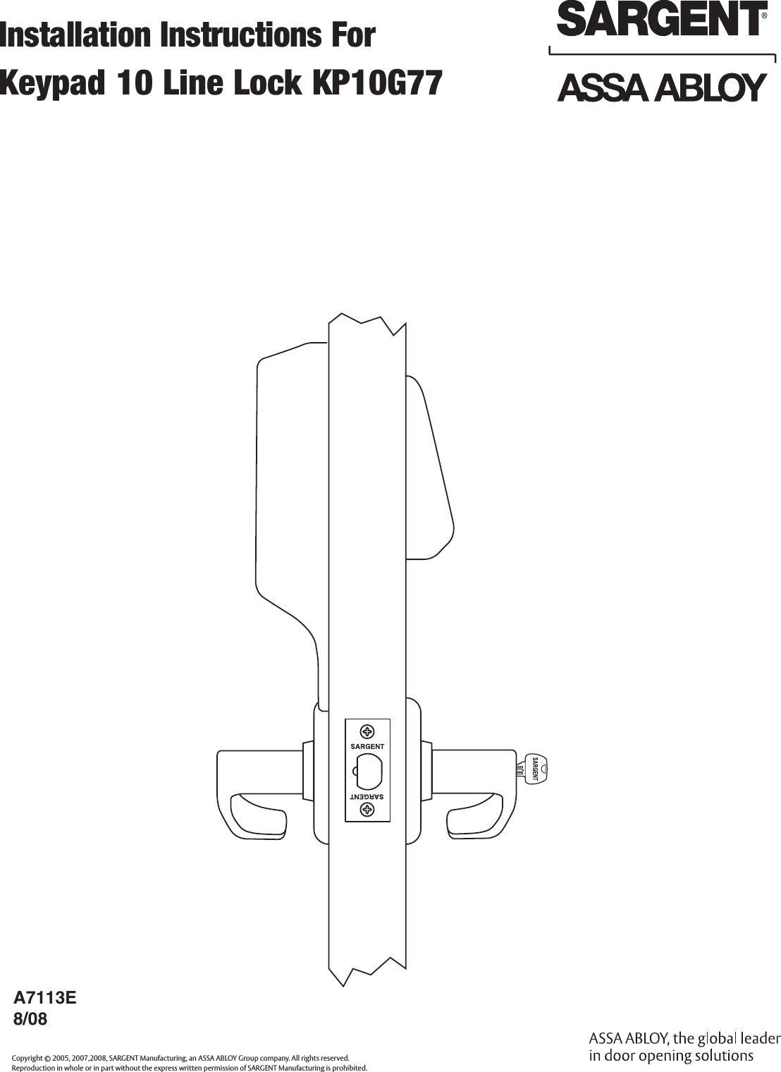 Sargent A7113E Instructions For Installing KP10G77 Line Bored Locks