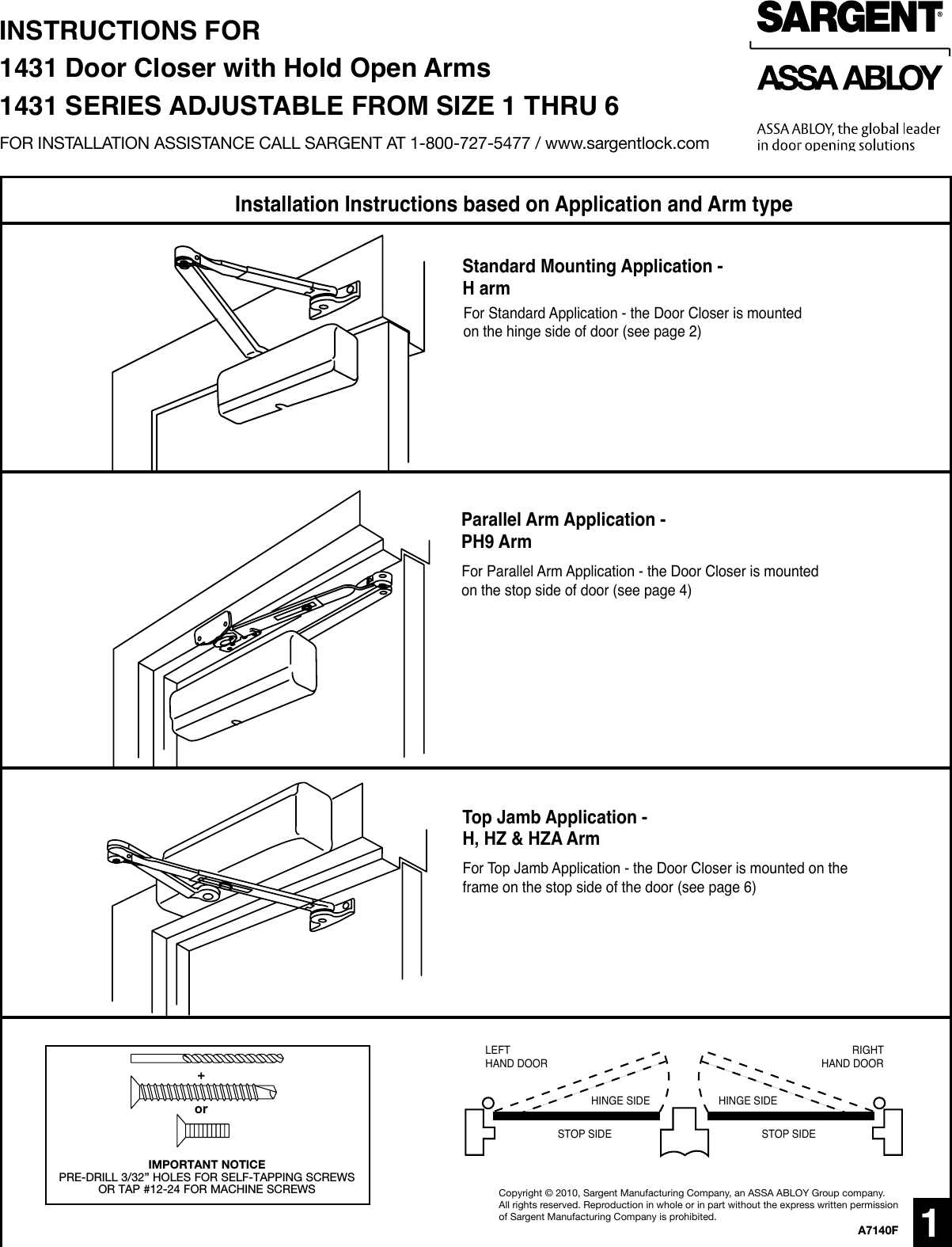 Page 1 of 8 - Sargent  Instructions For Installing 1431 Series Door Closers (with Hold Open Arms 'H'/UH/HZ/HZA/PH9) A7140F Low Res