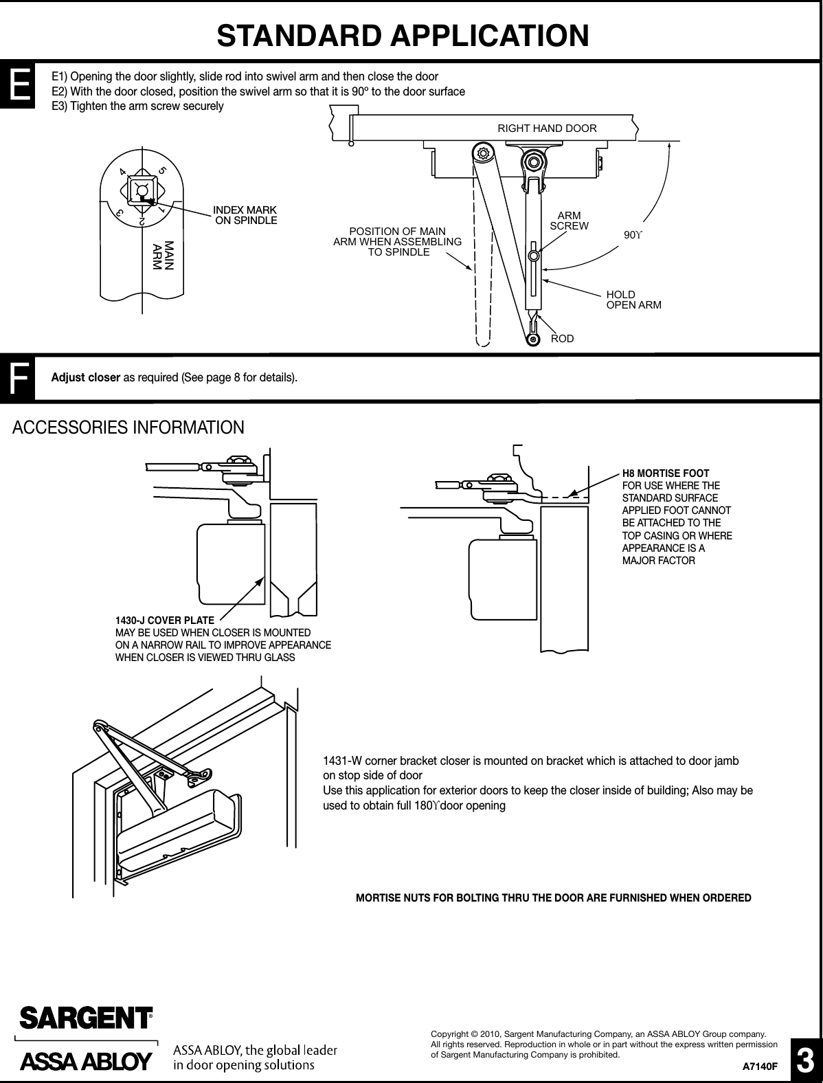 Page 3 of 8 - Sargent  Instructions For Installing 1431 Series Door Closers (with Hold Open Arms 'H'/UH/HZ/HZA/PH9) A7140F Low Res