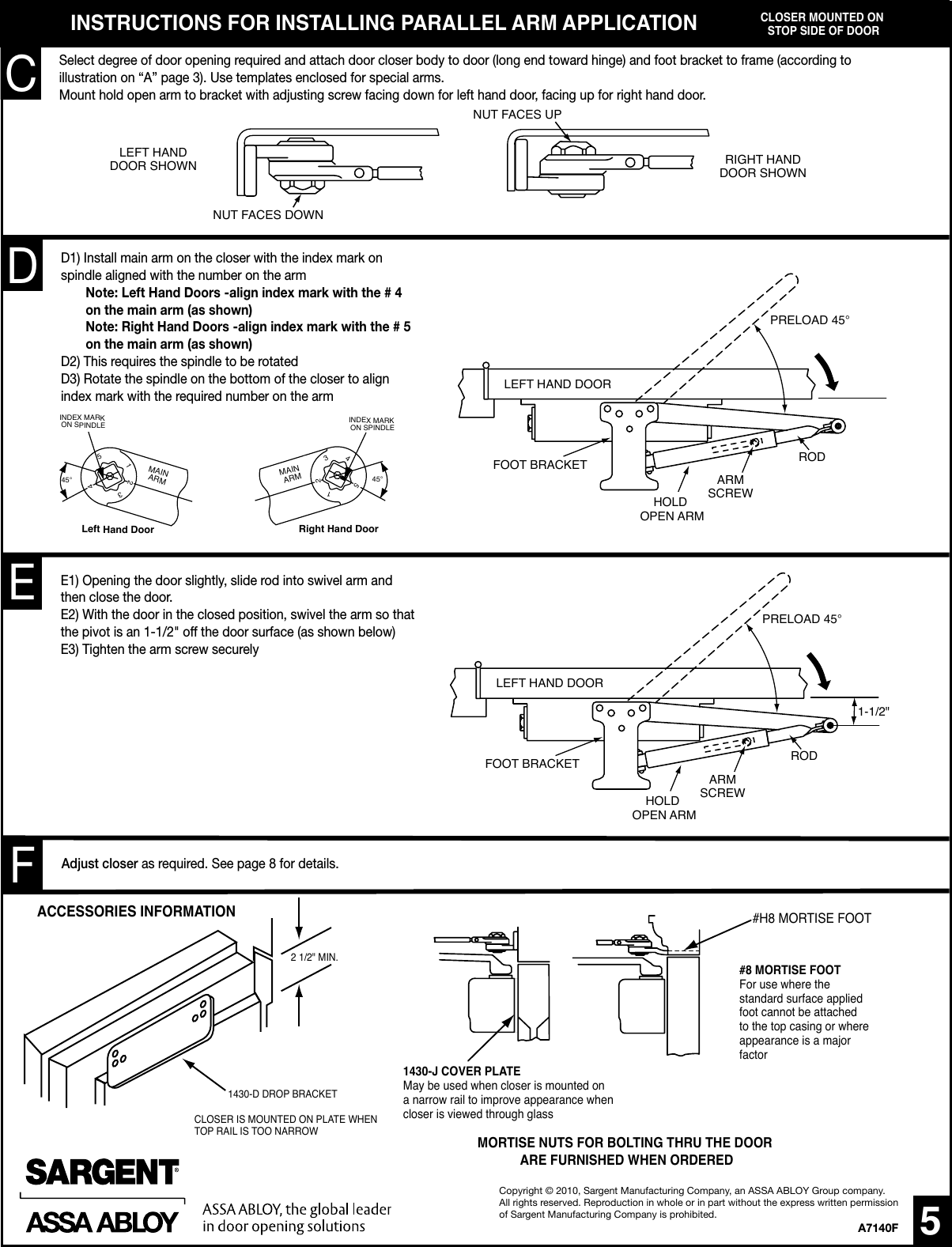 Page 5 of 8 - Sargent  Instructions For Installing 1431 Series Door Closers (with Hold Open Arms 'H'/UH/HZ/HZA/PH9) A7140F Low Res