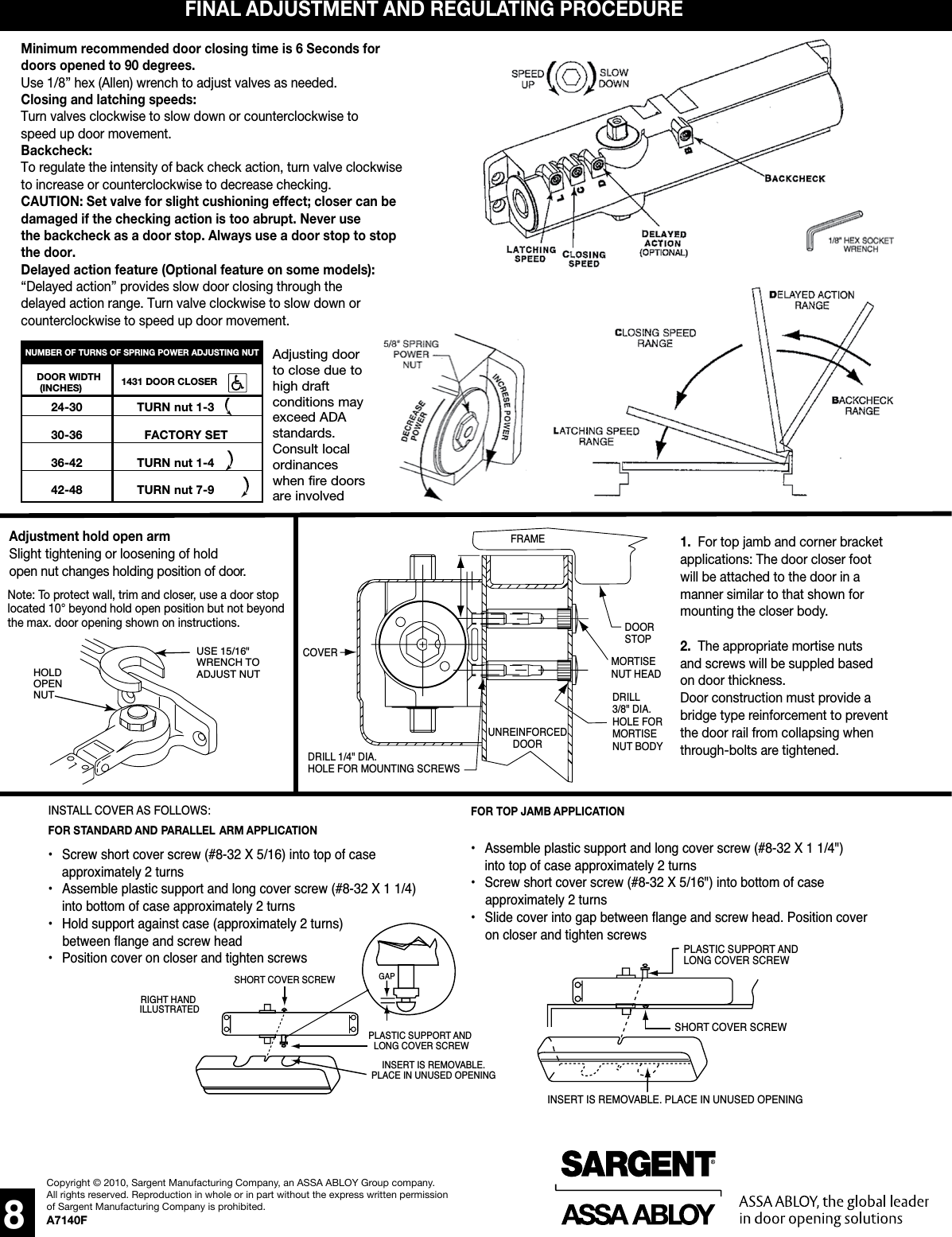 Page 8 of 8 - Sargent  Instructions For Installing 1431 Series Door Closers (with Hold Open Arms 'H'/UH/HZ/HZA/PH9) A7140F Low Res