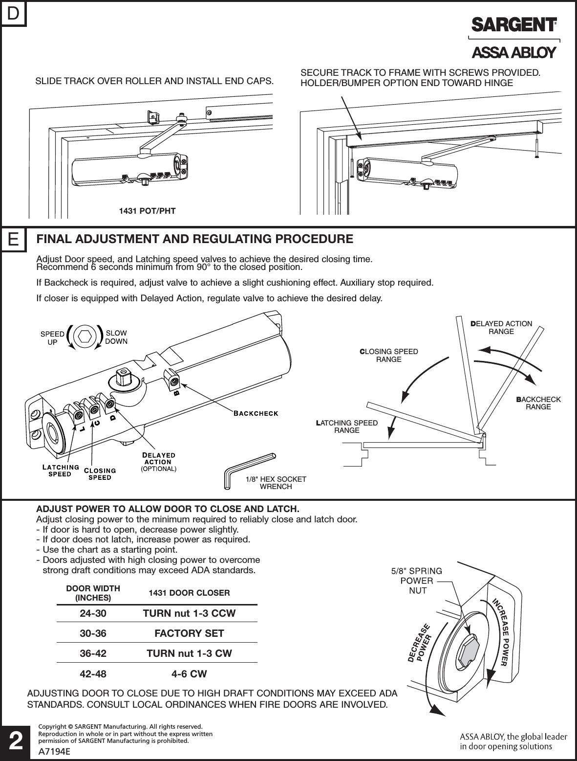 Sargent A7194E Installation Instructions For 1431 Series Door Closers