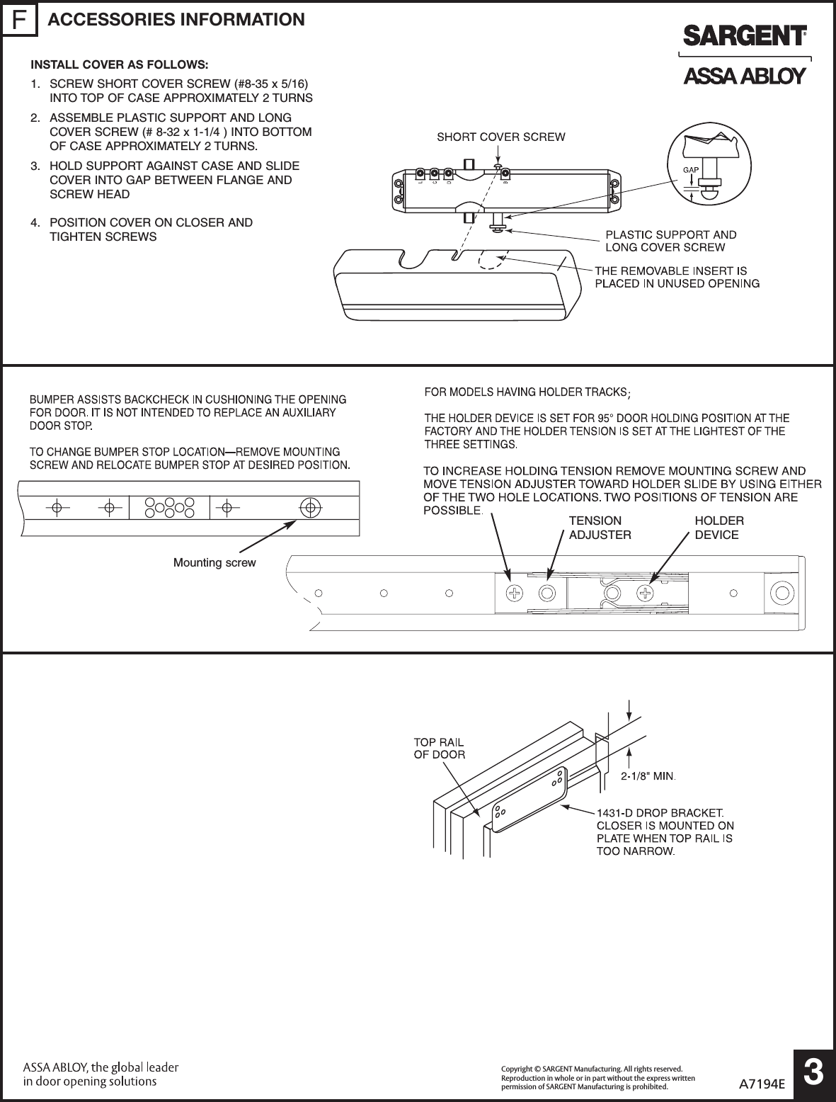 Sargent A7194E Installation Instructions For 1431 Series Door Closers