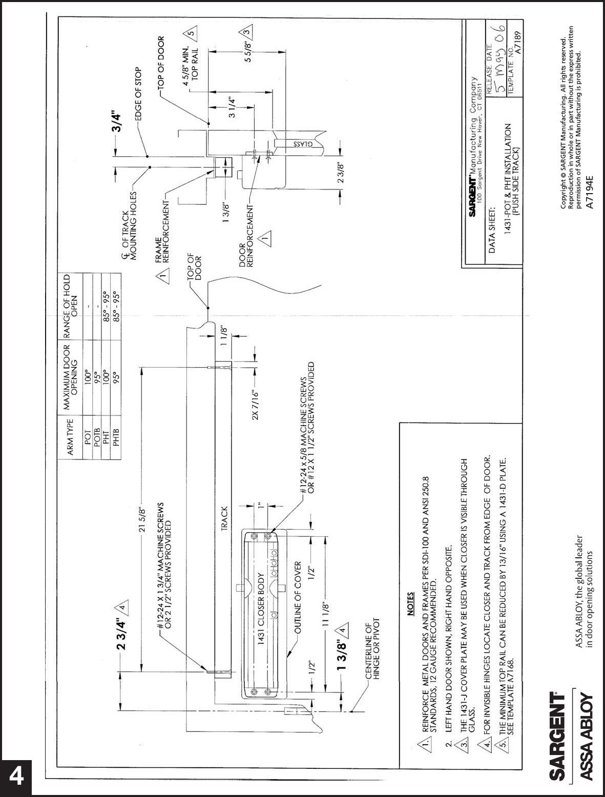 Sargent A7194E Installation Instructions For 1431 Series Door Closers ...