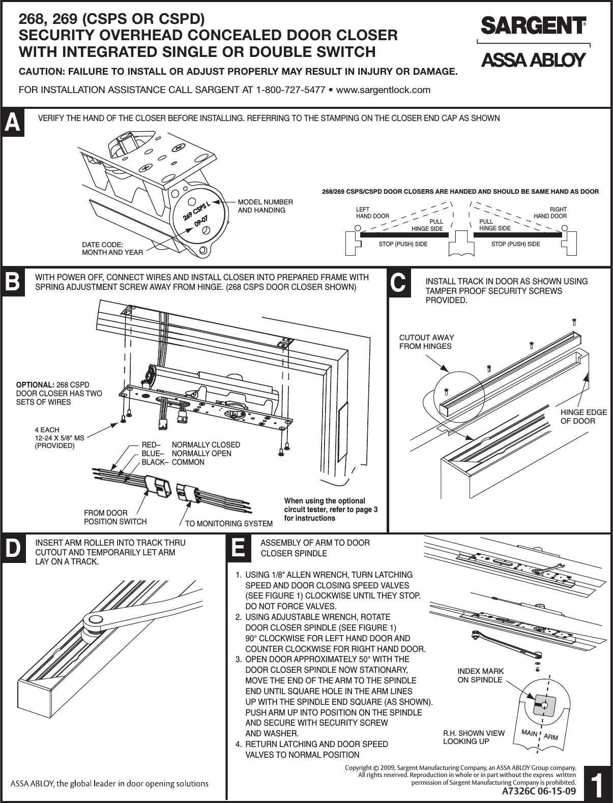 Page 1 of 3 - Sargent  Installation Instructions For 268/269 Series Concealed Door Closers (with 'CSPS/CSPD' Position A7326C