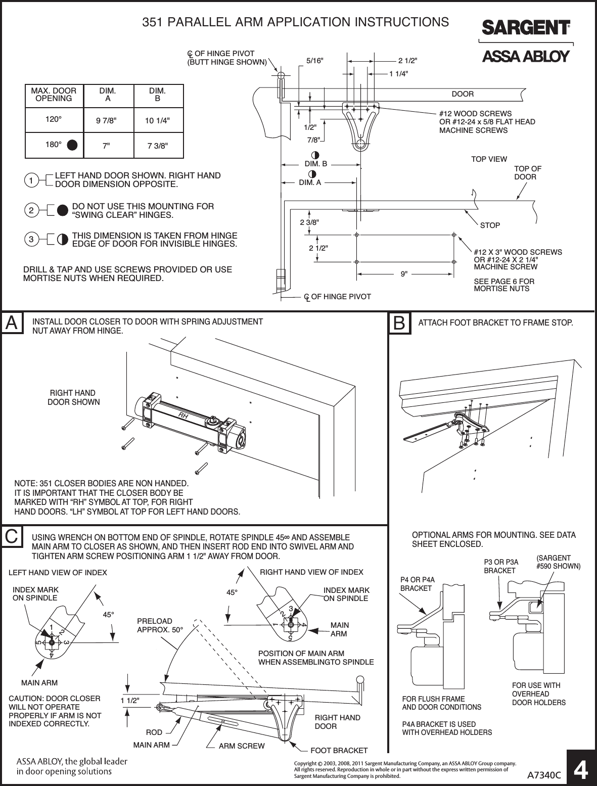 Sargent Instructions For Installing 351 Series Door Closers With 'O'/UO