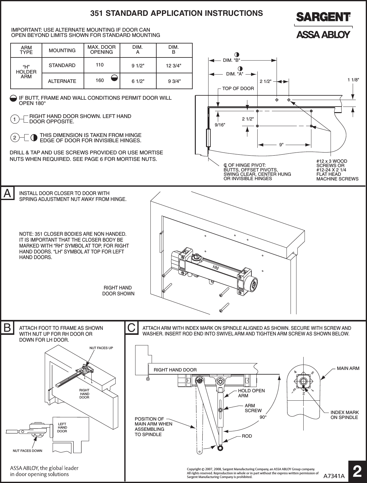 Page 2 of 6 - Sargent  Instructions For Installing 351 Series Door Closers With 'UH/HZ/HZA/PH9' Holder Arms A7341A