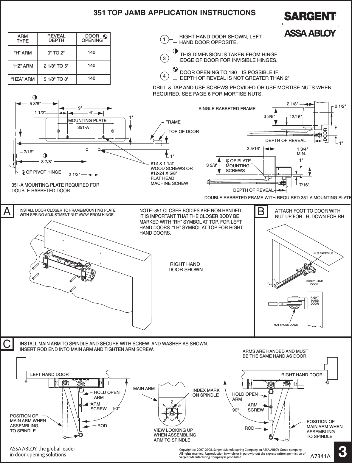 Sargent Instructions For Installing 351 Series Door Closers With 'UH/HZ