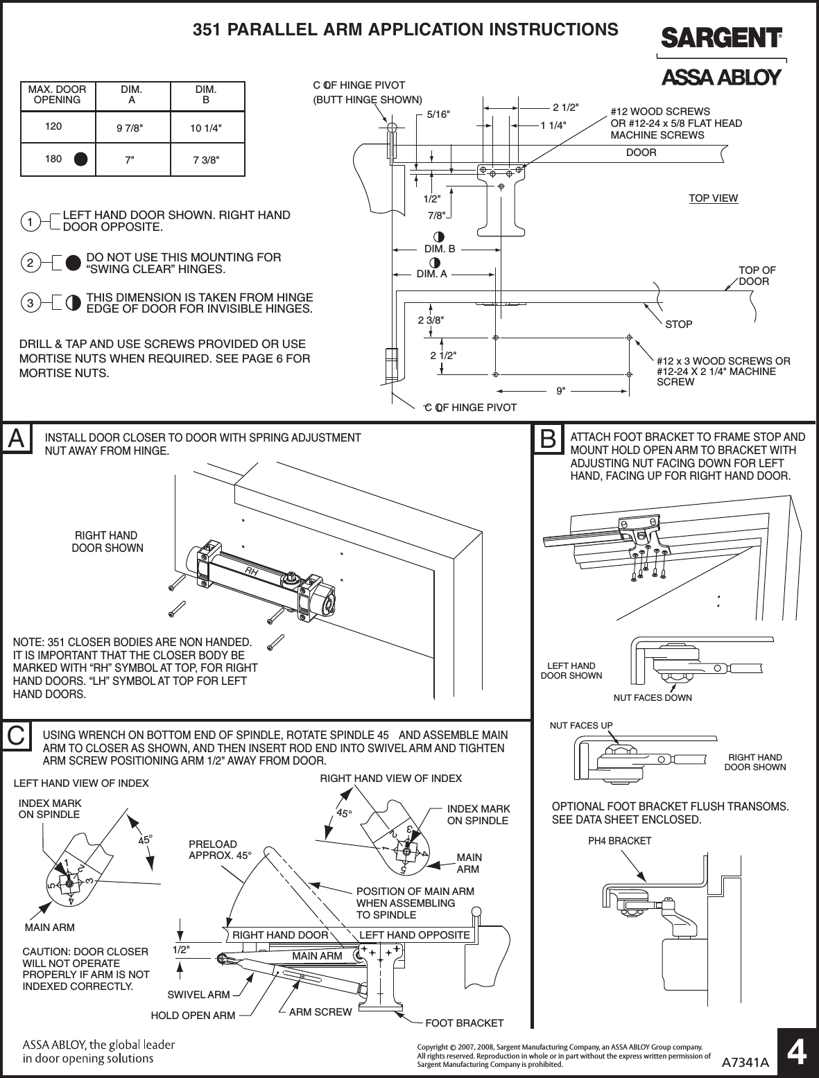 Sargent Instructions For Installing 351 Series Door Closers With 'UH/HZ ...