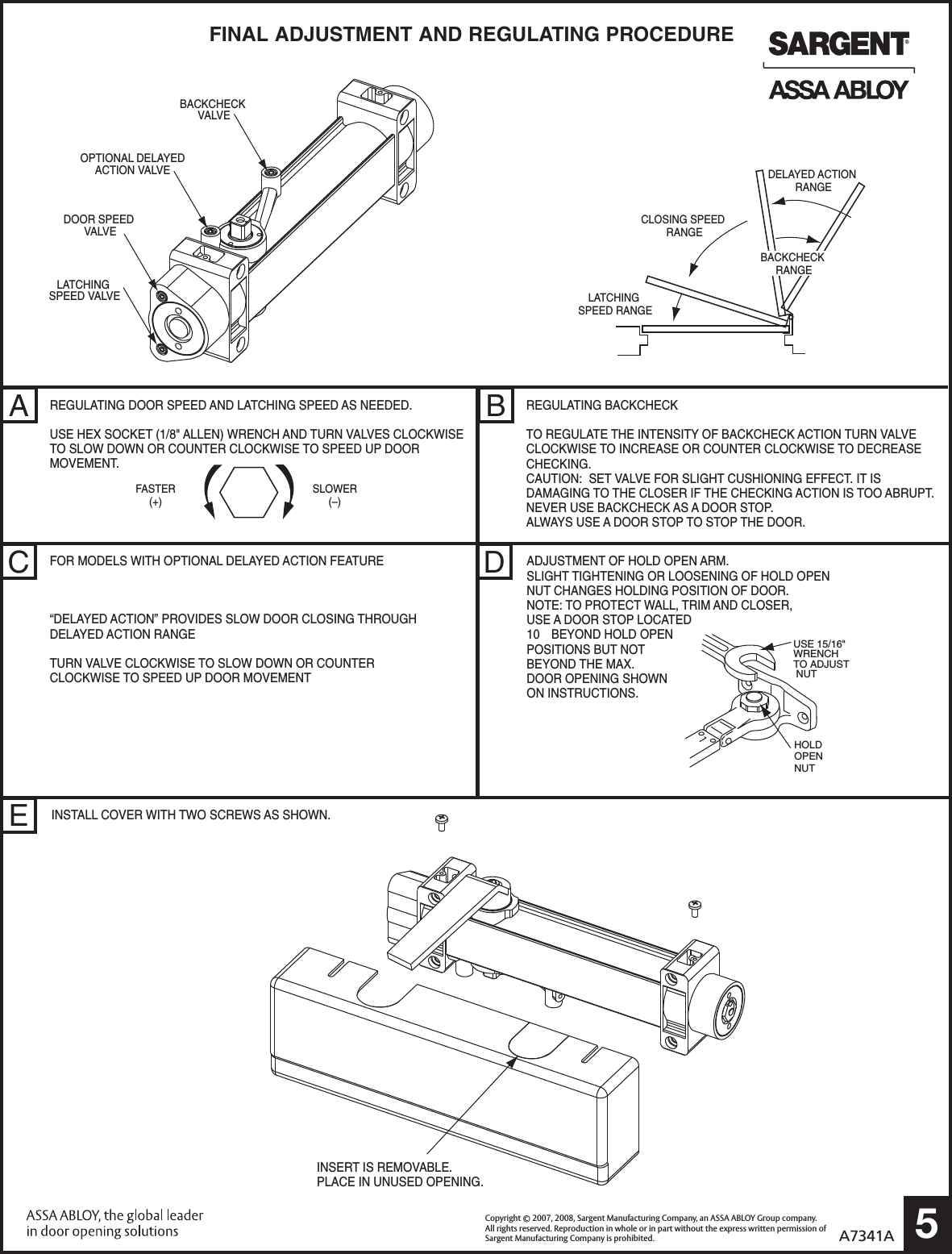 Sargent Instructions For Installing 351 Series Door Closers With 'UH/HZ