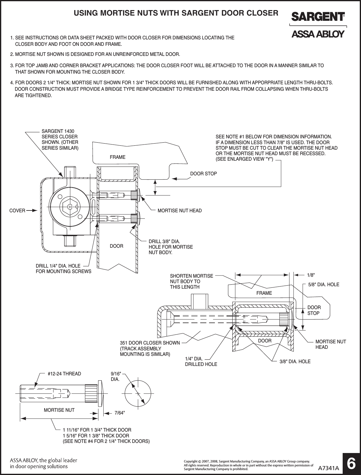 Sargent Instructions For Installing 351 Series Door Closers With 'UH/HZ