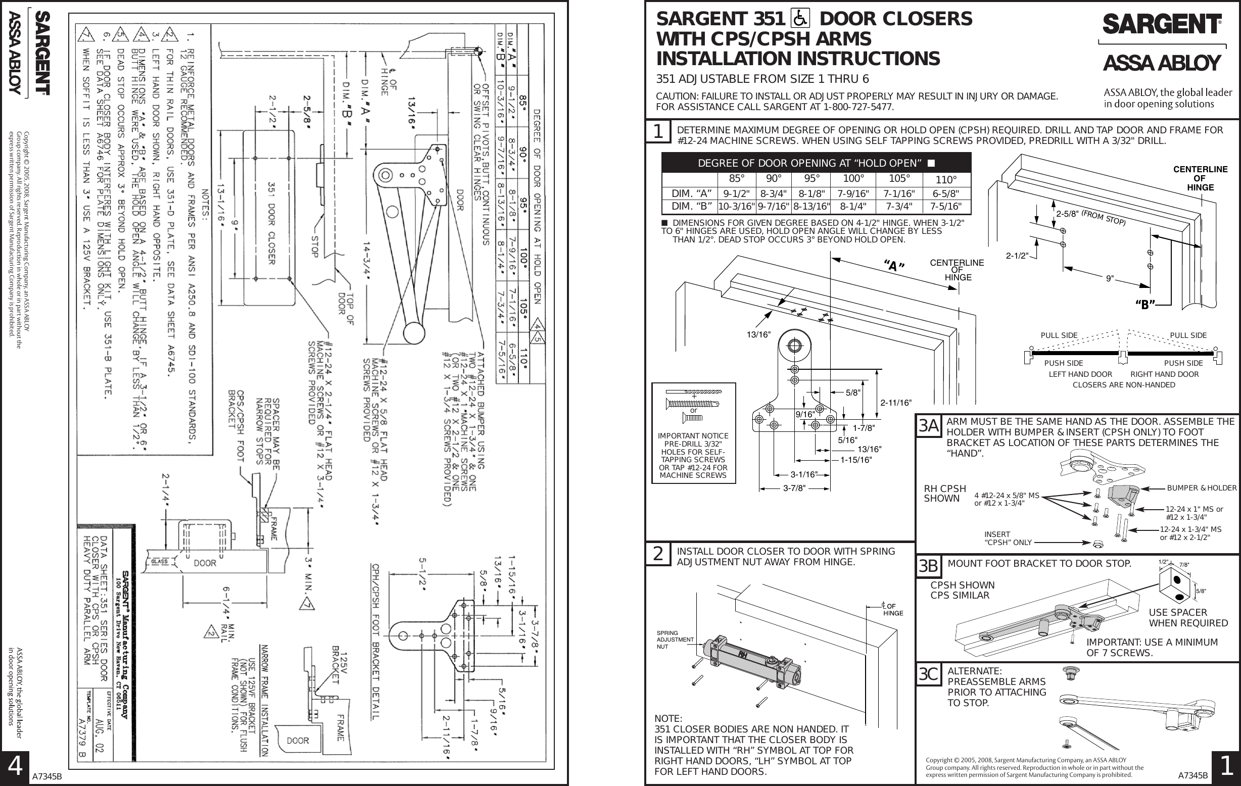 Page 1 of 4 - Sargent 351 Series Door Closers With CPS & CPSH Holder Arms Installation Instructions A7345