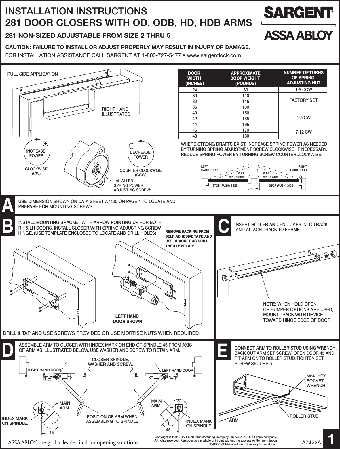 Sargent Installation Instructions For 281 Series Door Closers W/OD/ODB