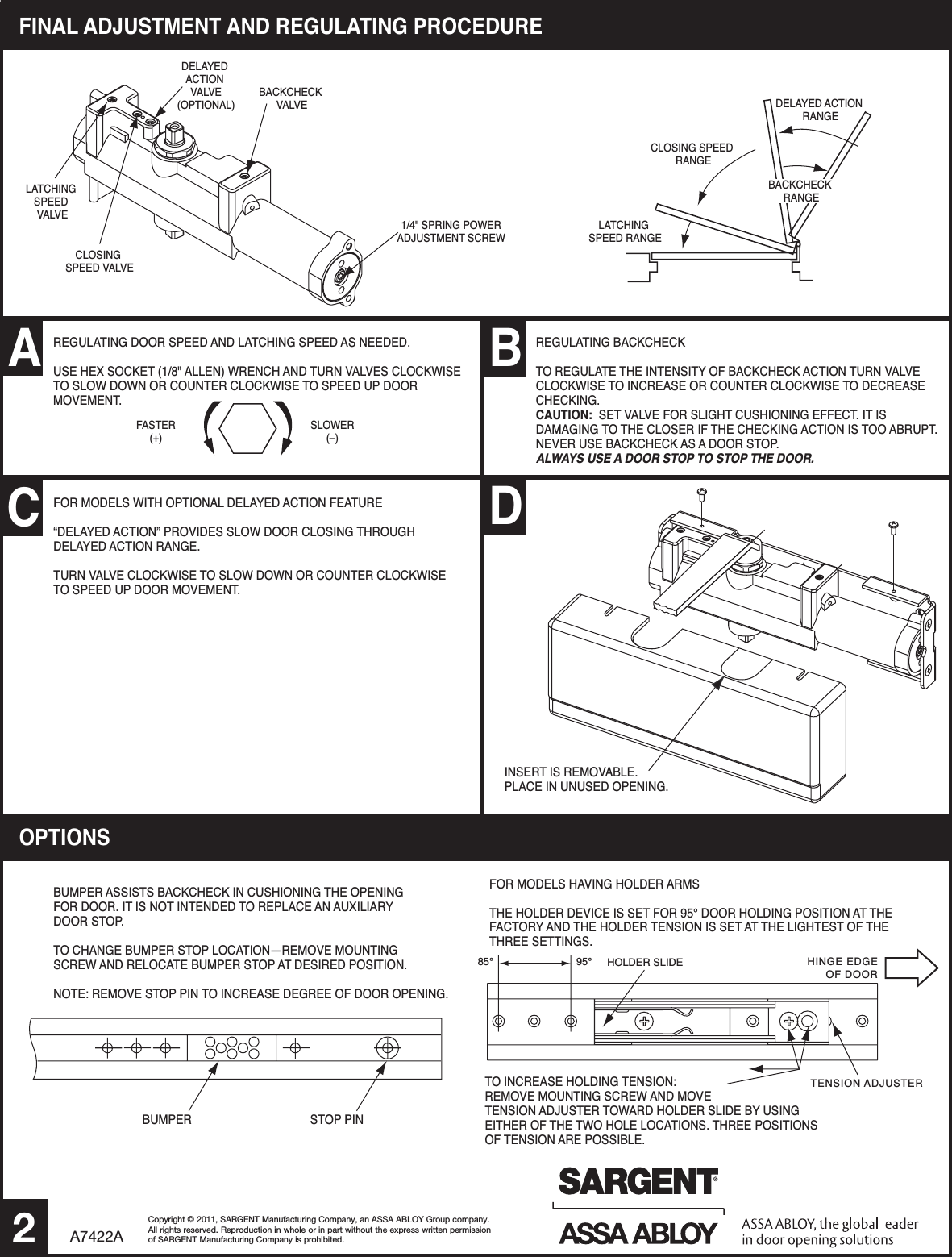 Page 2 of 4 - Sargent  Installation Instructions For 281 Series Door Closers W/OD/ODB/HD/HDB Arms A7422A