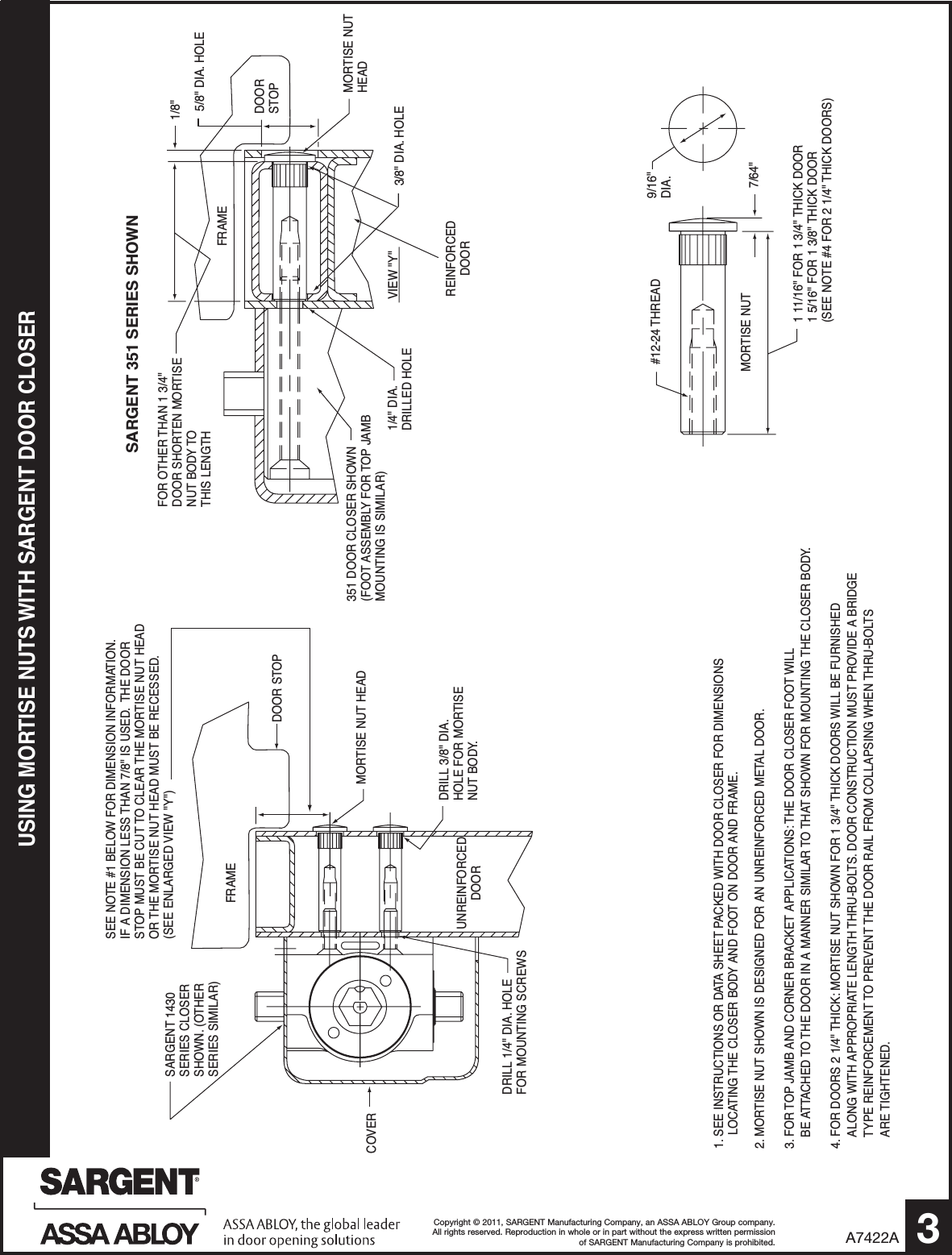 Page 3 of 4 - Sargent  Installation Instructions For 281 Series Door Closers W/OD/ODB/HD/HDB Arms A7422A