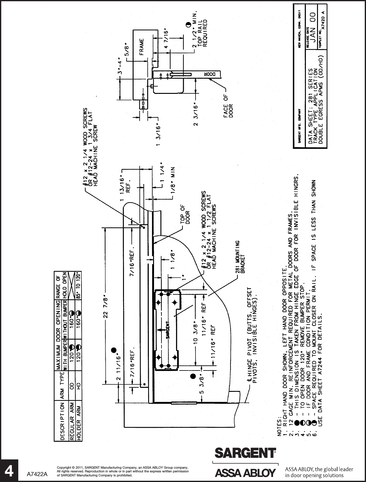 Page 4 of 4 - Sargent  Installation Instructions For 281 Series Door Closers W/OD/ODB/HD/HDB Arms A7422A