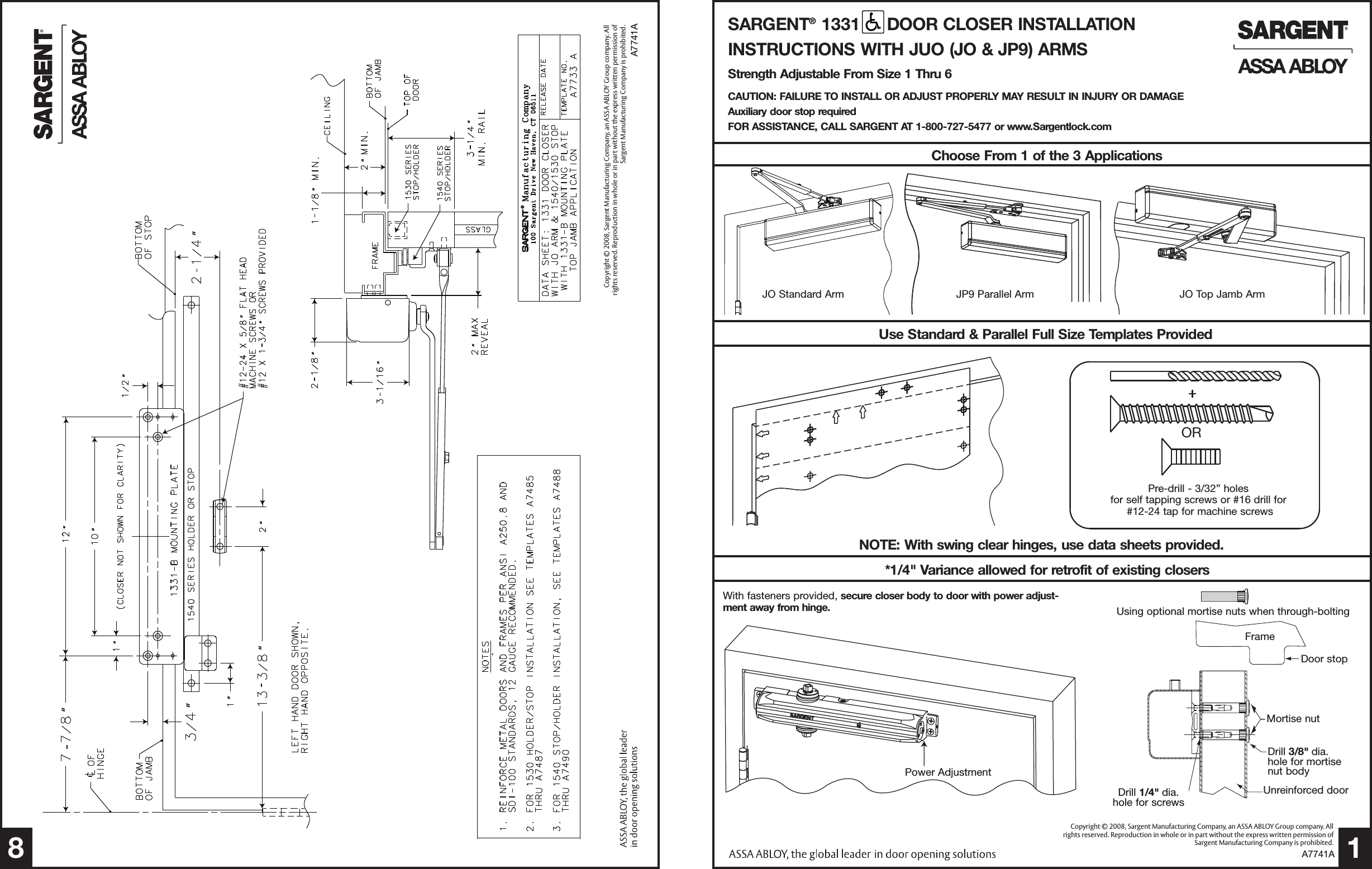 Page 1 of 8 - Sargent A7741A 1331 Series Door Closer Installation Instructions With JUO (JO & JP9) Arms A7741