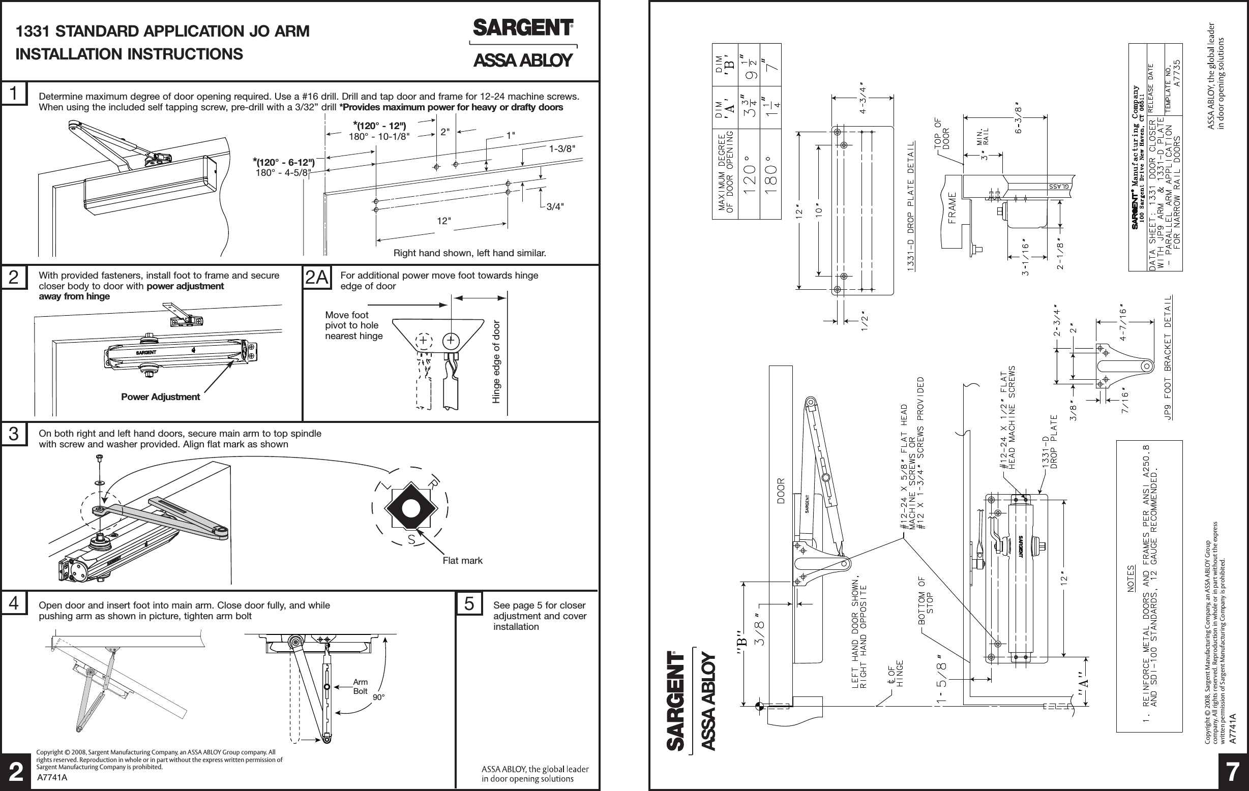 Page 2 of 8 - Sargent A7741A 1331 Series Door Closer Installation Instructions With JUO (JO & JP9) Arms A7741