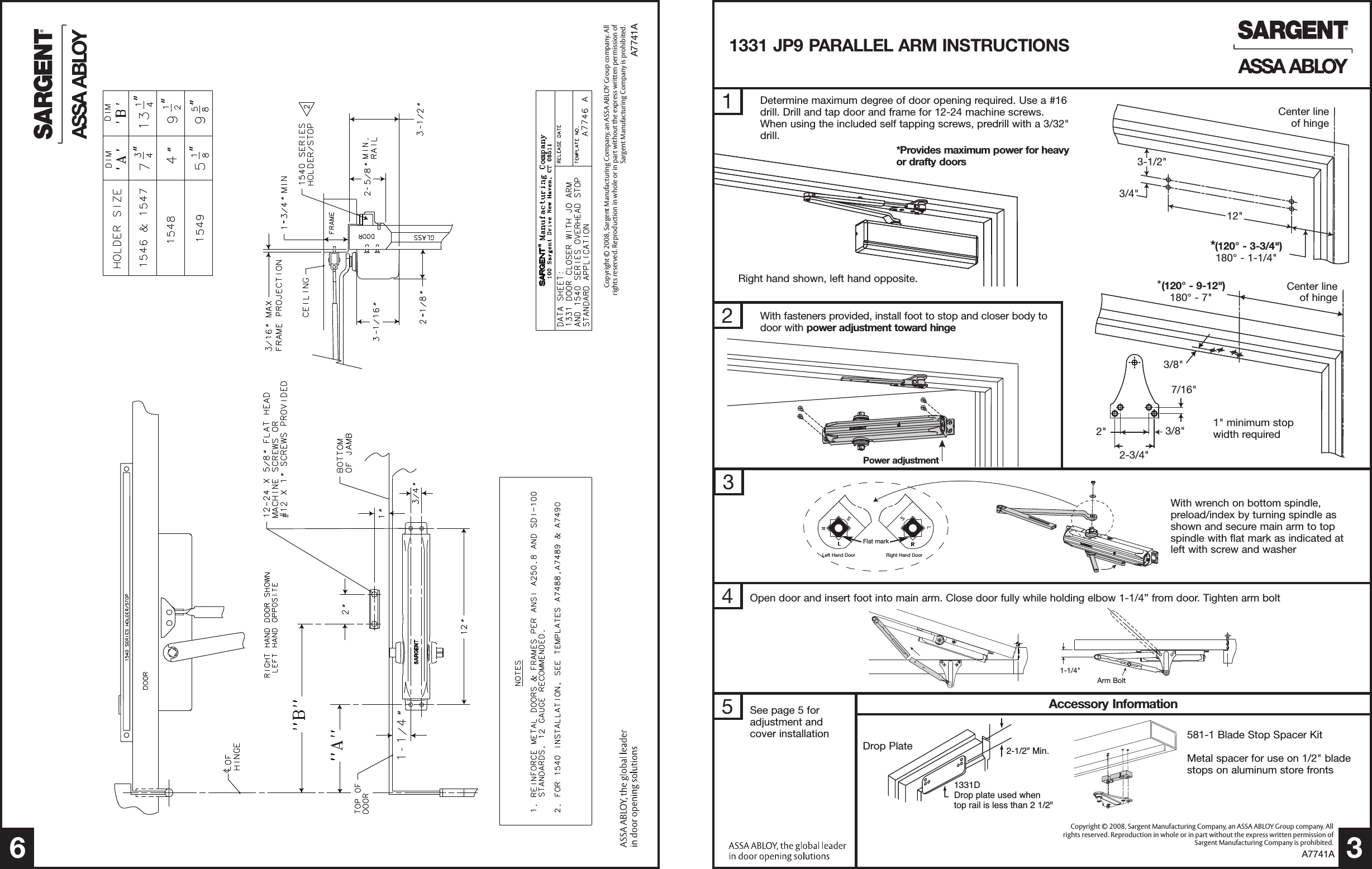 Page 3 of 8 - Sargent A7741A 1331 Series Door Closer Installation Instructions With JUO (JO & JP9) Arms A7741