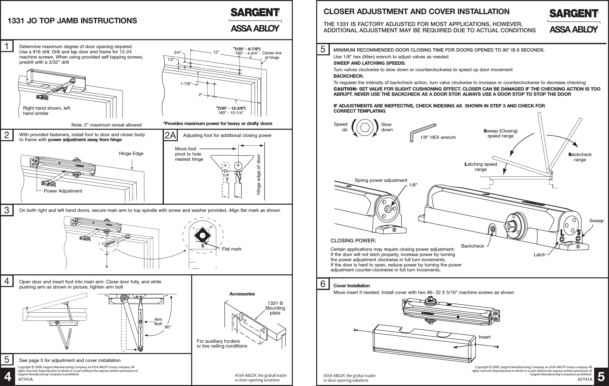 Page 4 of 8 - Sargent A7741A 1331 Series Door Closer Installation Instructions With JUO (JO & JP9) Arms A7741