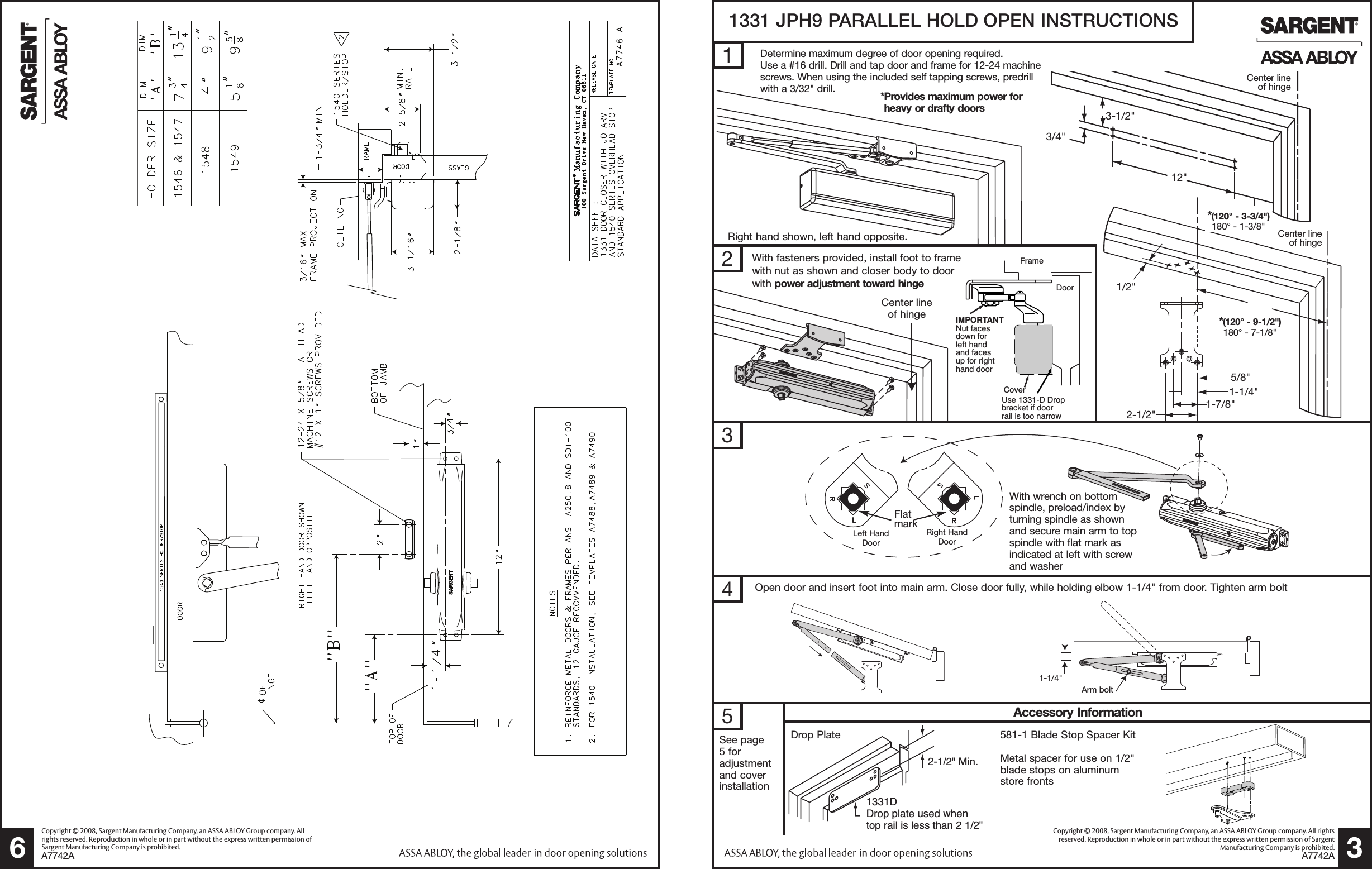 Sargent A7741A 1331 Series Door Closer Installation Instructions With