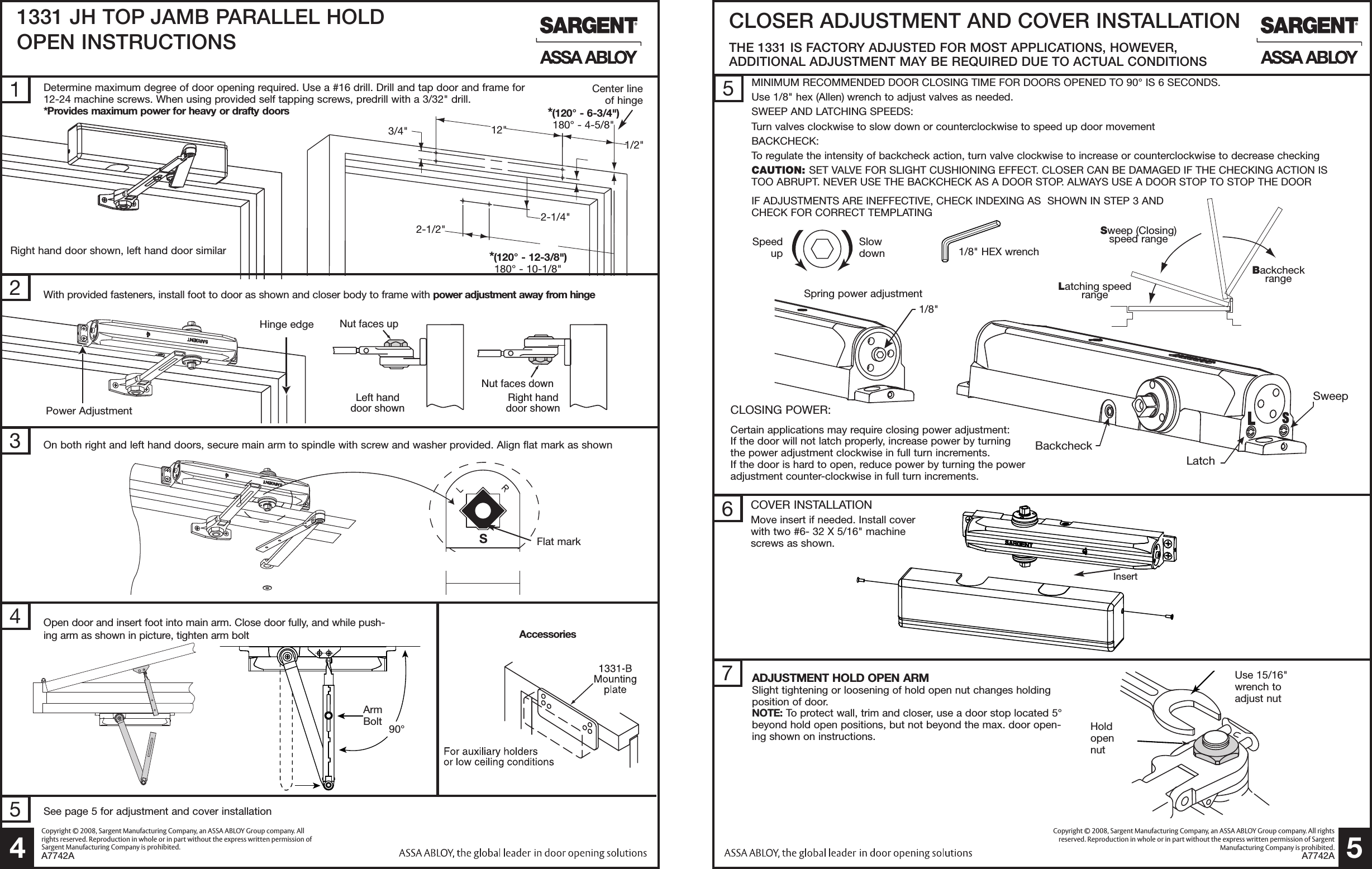 Sargent A7741A 1331 Series Door Closer Installation Instructions With