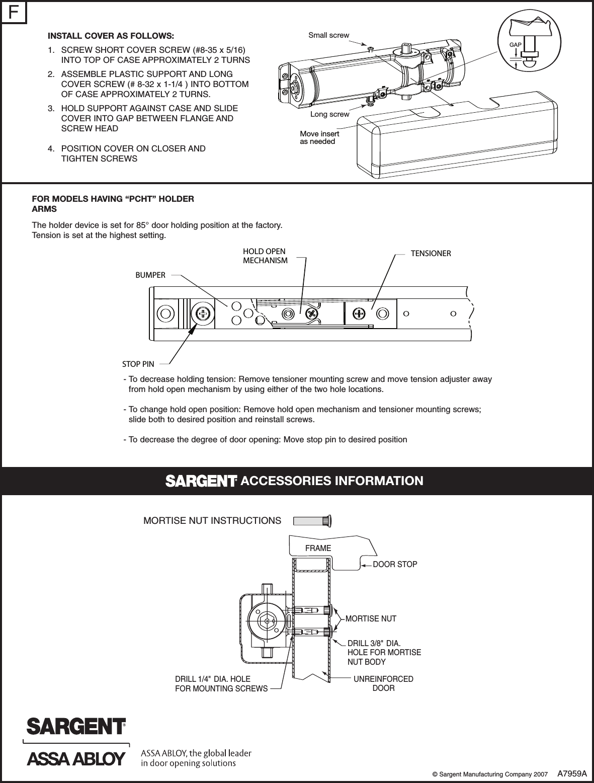 Sargent 421 Cam Action Door Closer (PCTB & PCHTB) Push Side Track