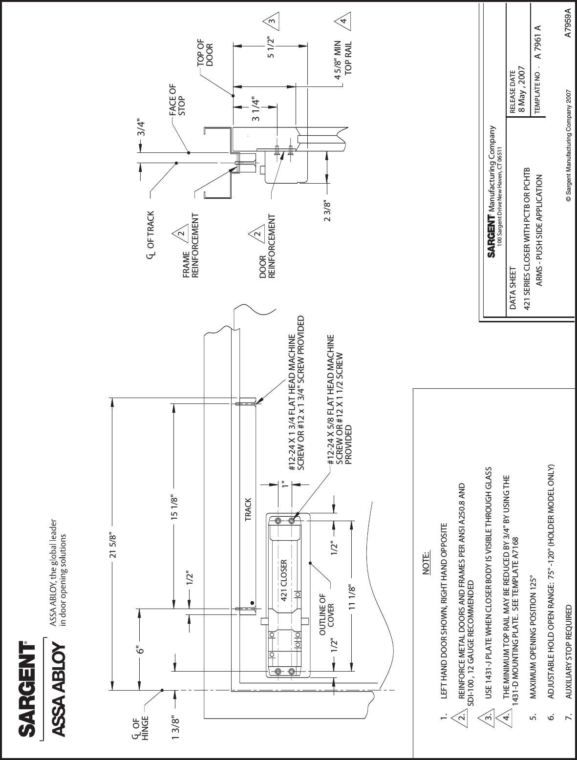 Page 4 of 4 - Sargent  421 Cam Action Door Closer (PCTB & PCHTB) Push Side Track Application Installation Instructions A7959A