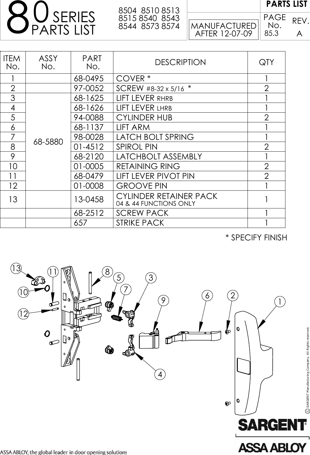 Page 1 of 1 - Sargent PARTS LIST 8500 Series Narrow Design Rim Exit Device (manufactured After 12-09) 85.3