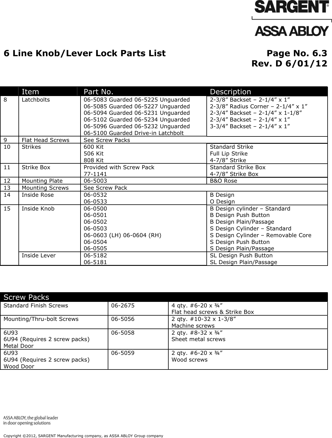 Page 6 of 6 - Sargent  6-Line Parts List Bored Lock 6 Line