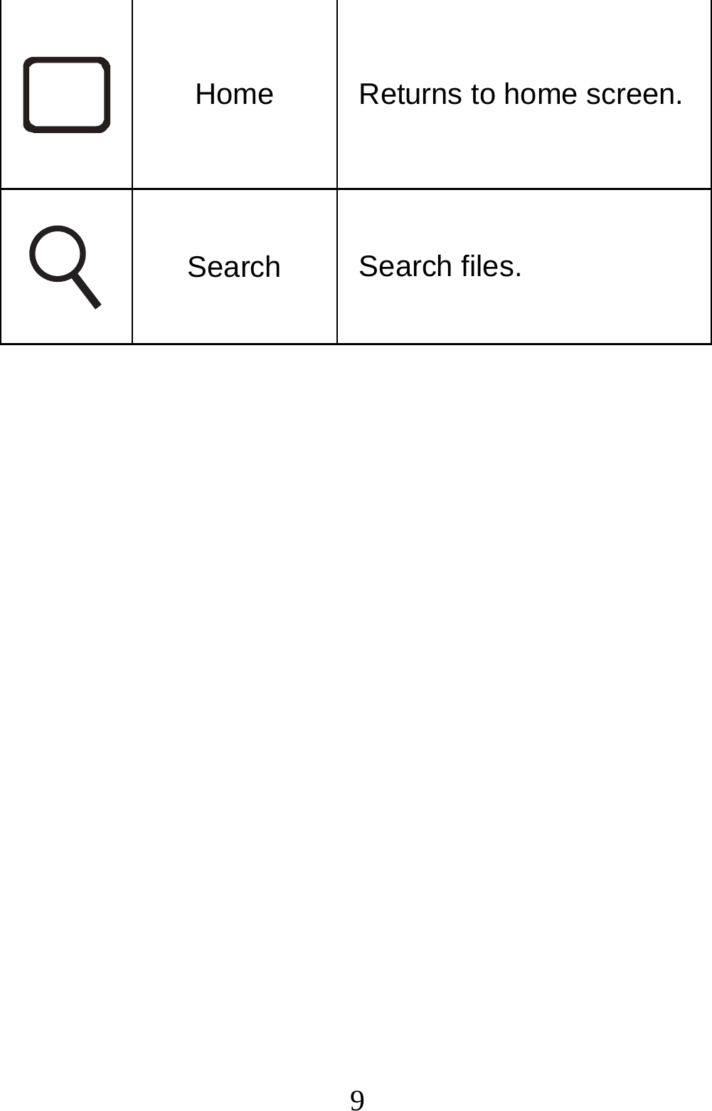  9 Home  Returns to home screen.  Search  Search files.     
