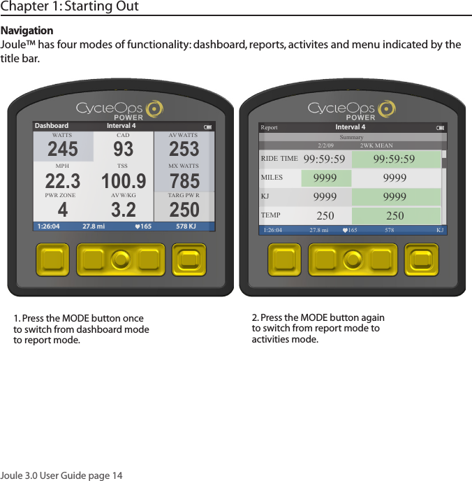 Joule 3.0 User Guide page 14  Chapter 1: Starting OutNavigationJoule&trade; has four modes of functionality: dashboard, reports, activites and menu indicated by the title bar.1. Press the MODE button once to switch from dashboard mode to report mode.  2. Press the MODE button again to switch from report mode to activities mode. WATTS CAD A V  WA T TSMPHTSS MX WA T TSPWR ZONE A V  W/KGDashboard Interval 41:26:04 27.8 mi 165 578 KJ245 9322.3 100.94 3.2253785250TARG PW R2WK MEANReport1:26:04 27.8 mi 165 578  KJRIDE TIME 99:59:59 99:59:59MILES 9999 9999KJ 9999 9999TEMP 250 250Summary2/2/09Interval 4